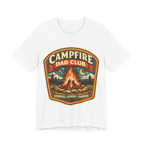 White t-shirt with 'Campfire Dad Club' graphic design featuring a campfire and nature elements.