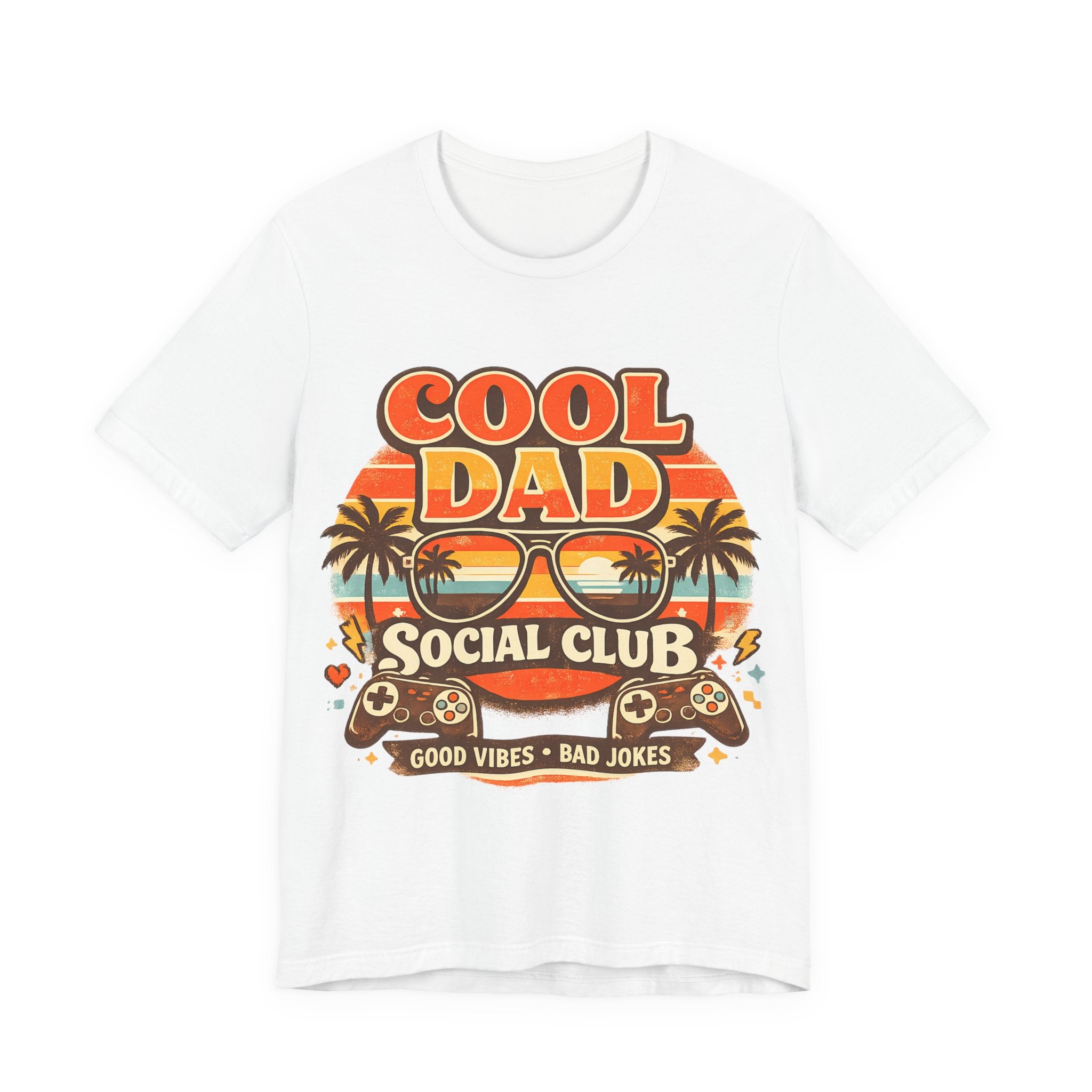 White t-shirt with 'Cool Dad Social Club' graphic design on a white background