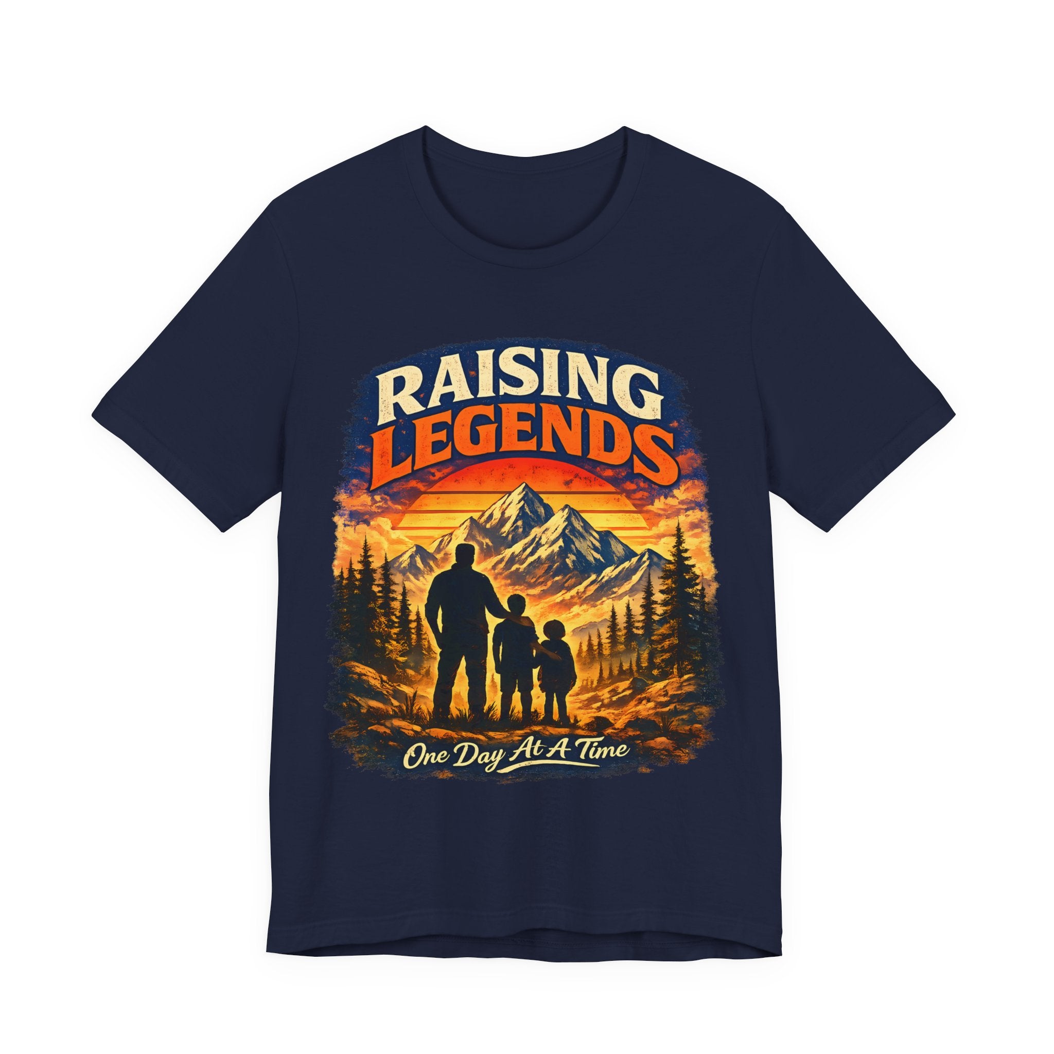 Navy blue t-shirt with 'Raising Legends' graphic design featuring a silhouette of a father and two children against a mountain backdrop.