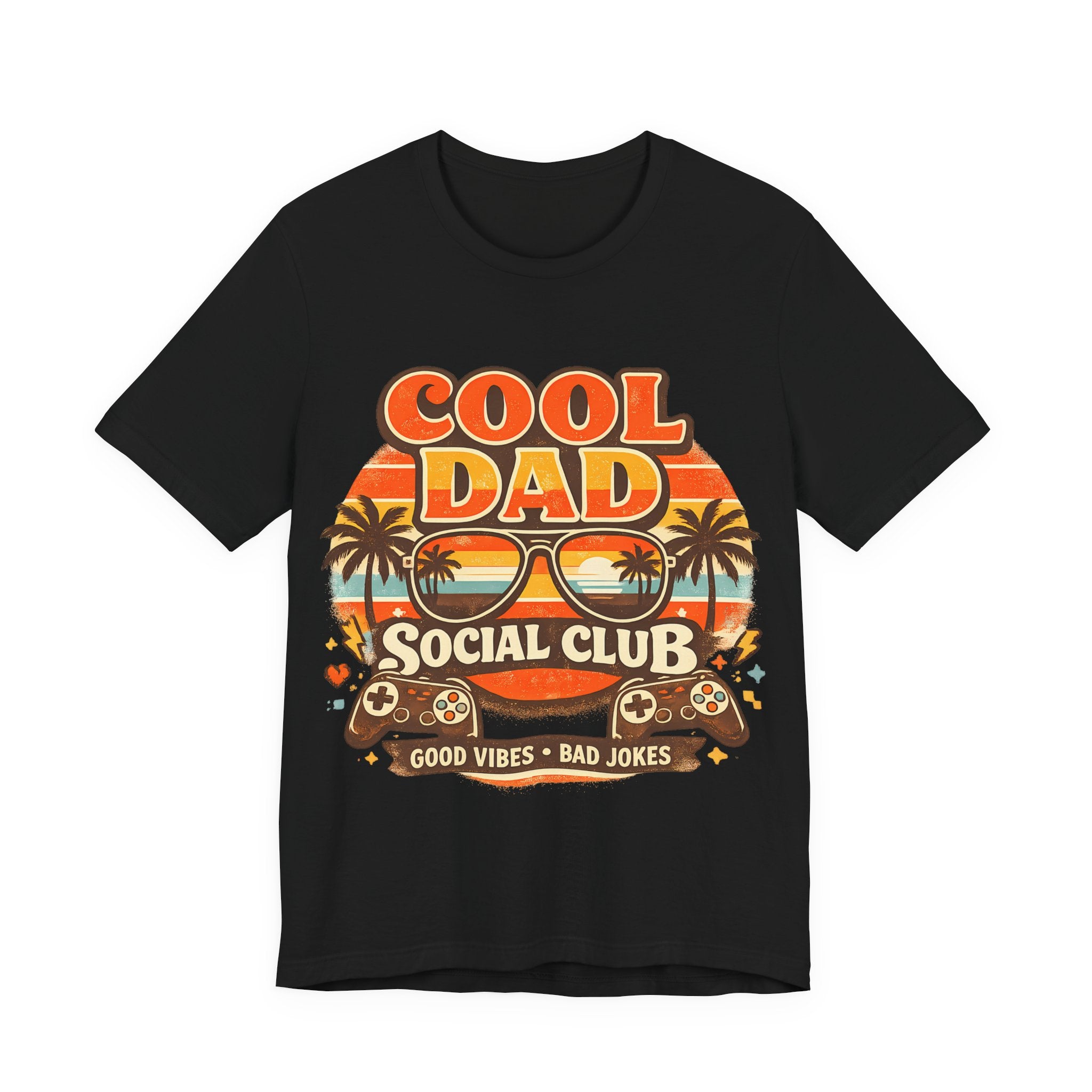 Black t-shirt with 'Cool Dad Social Club' graphic design on a white background