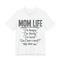 White t-shirt with 'Mom Life' text.