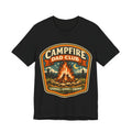 Black t-shirt with 'Campfire Dad Club' graphic design featuring a campfire and nature elements.