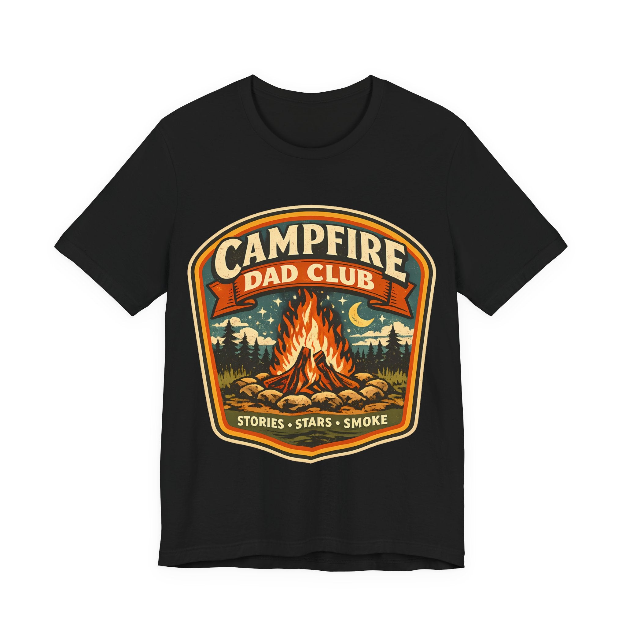 Black t-shirt with 'Campfire Dad Club' graphic design featuring a campfire and nature elements.