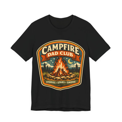 Black t-shirt with 'Campfire Dad Club' graphic design featuring a campfire and nature elements.