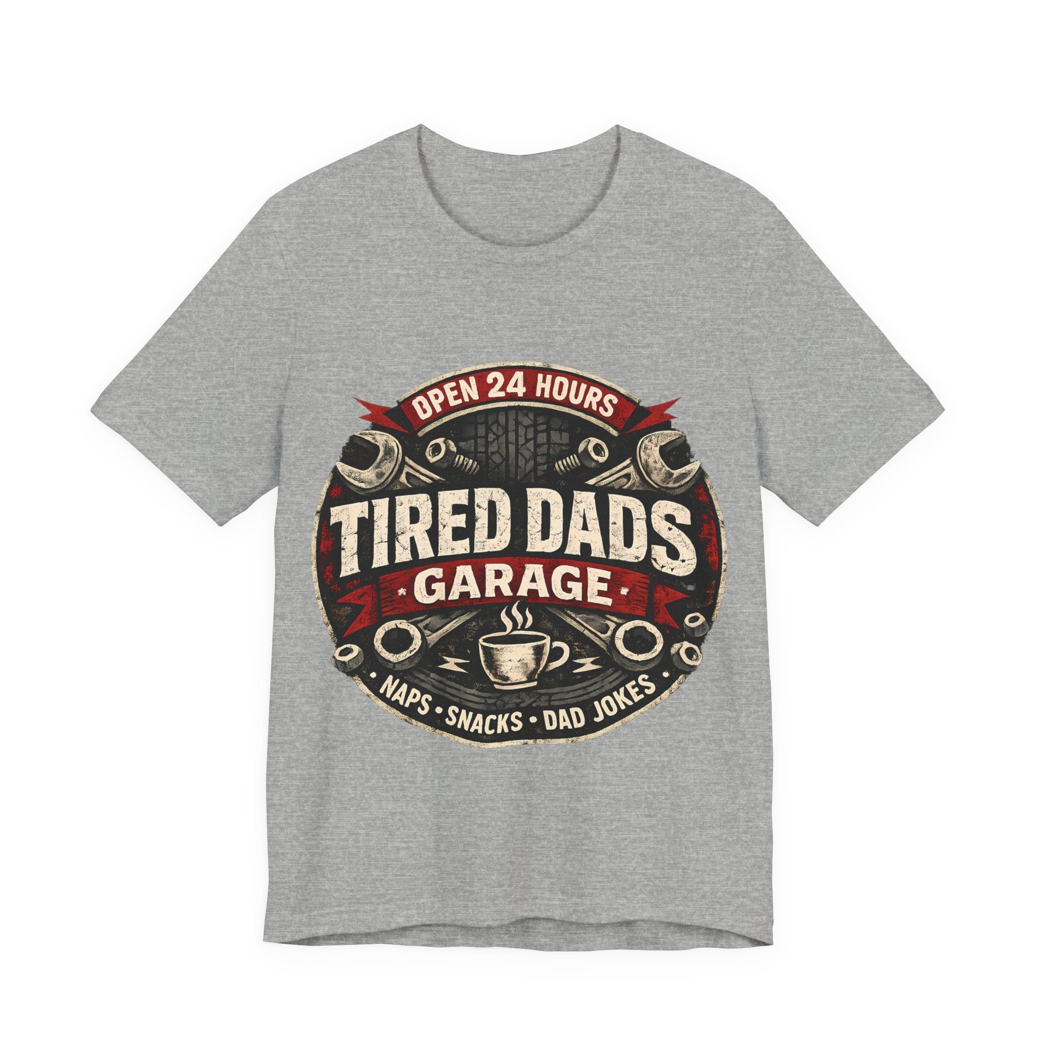 Athletic heather t-shirt with 'Tired Dads Garage' graphic design.