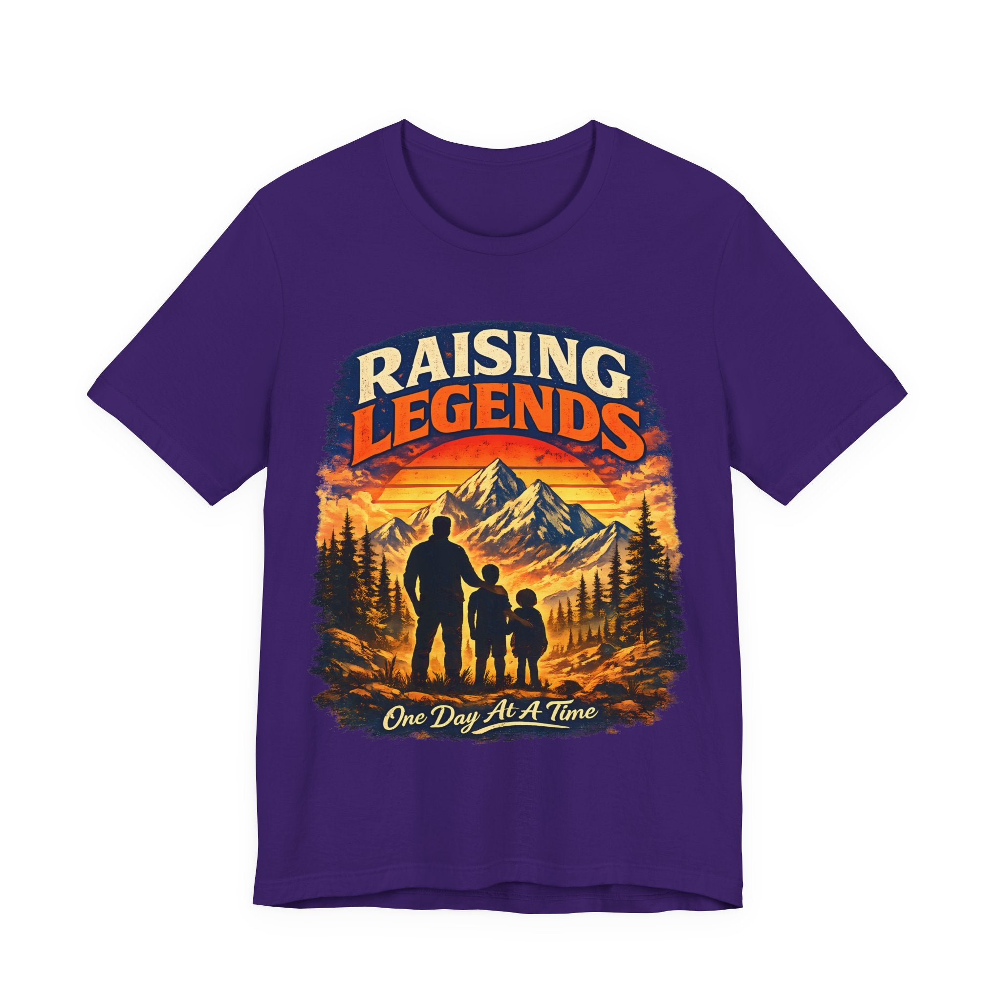 Purple t-shirt with 'Raising Legends' graphic design featuring a silhouette of a father and two children against a mountain backdrop.