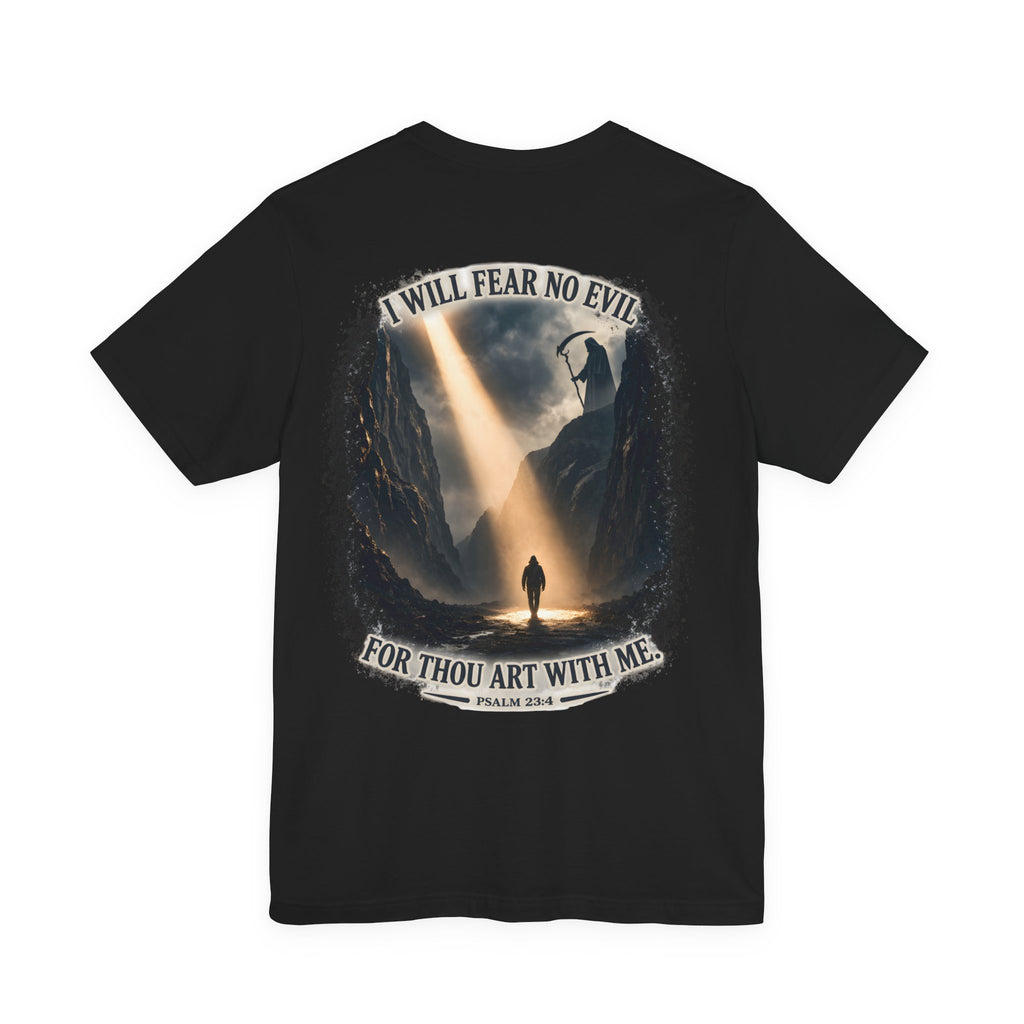Black t-shirt with a graphic design and text on the back, displayed on a white background.