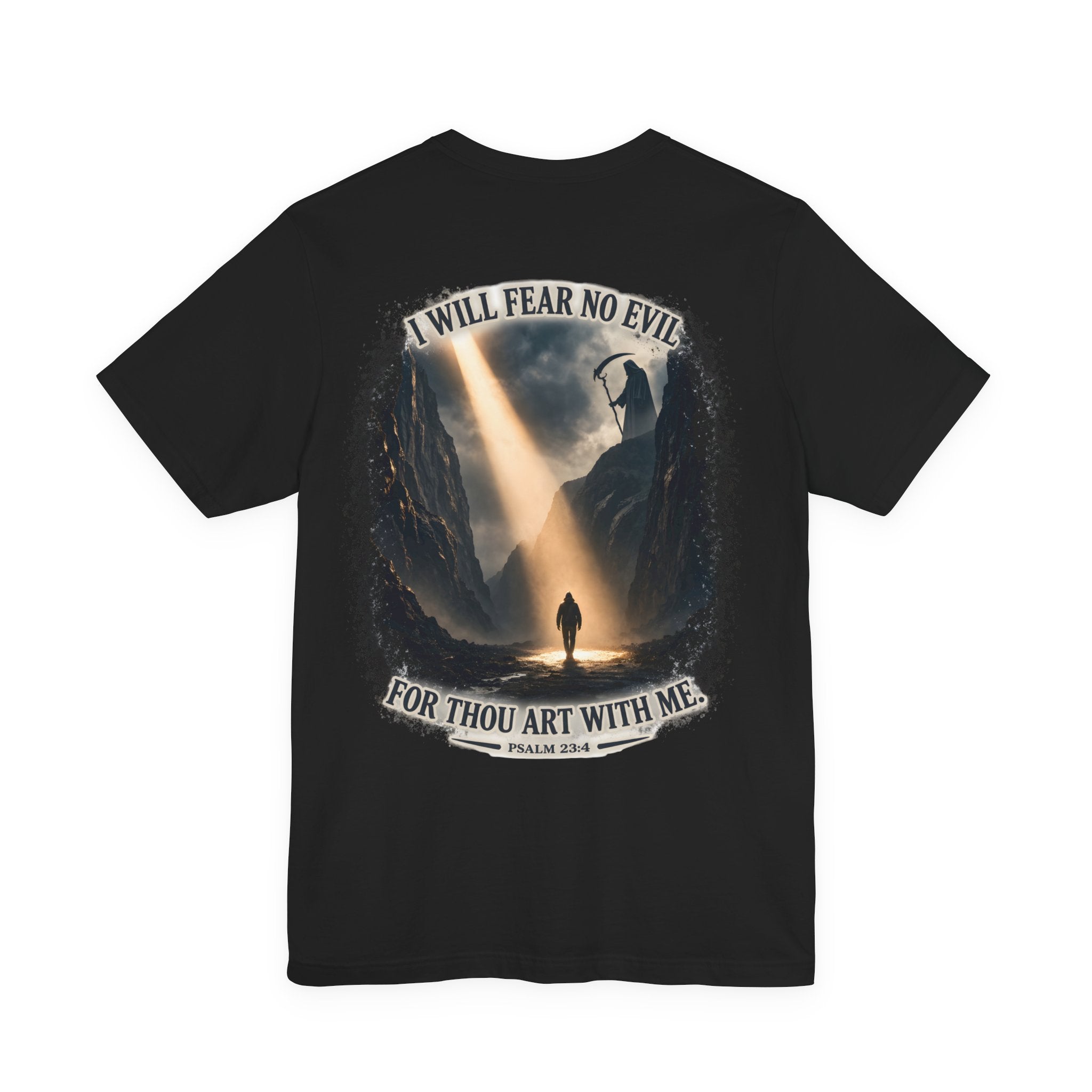 Black t-shirt with a graphic design and text on the back, displayed on a white background.