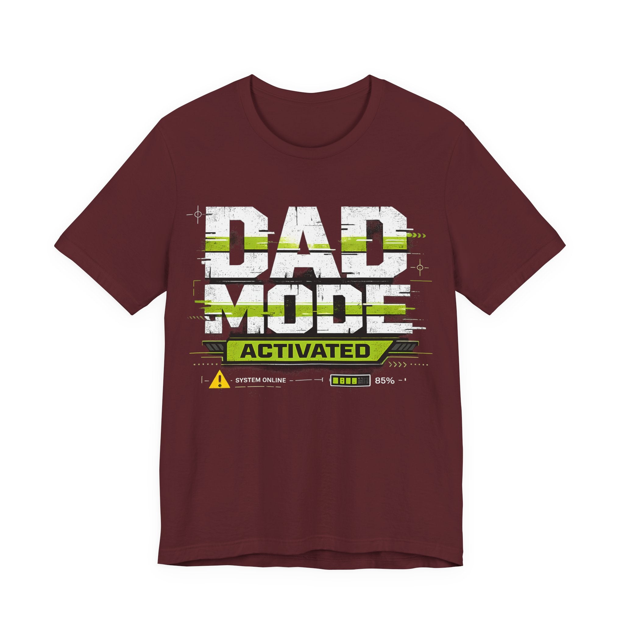 Maroon t-shirt with 'Dad Mode Activated' text design on a white background