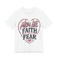 White t-shirt with 'Mom Life Faith Over Fear' design on a white background