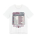 White t-shirt with 'Grandma Stats' graphic design on a white background