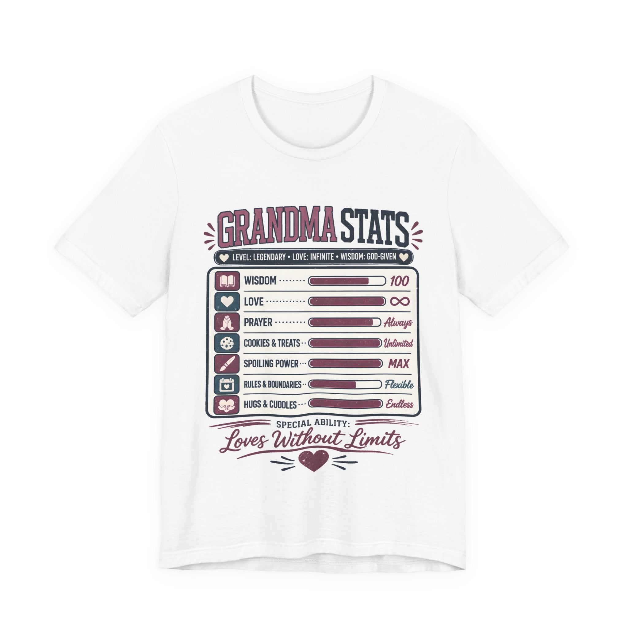 White t-shirt with 'Grandma Stats' graphic design on a white background