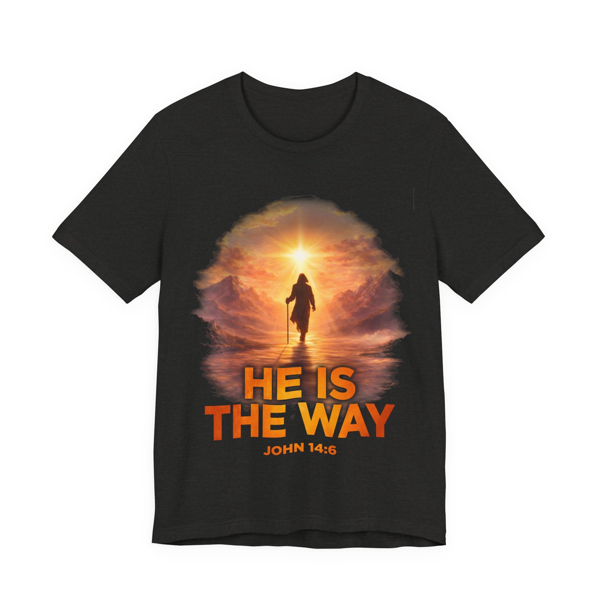 Black Heather t-shirt with a religious design featuring a person walking towards a light, with 'He is the Way' text.