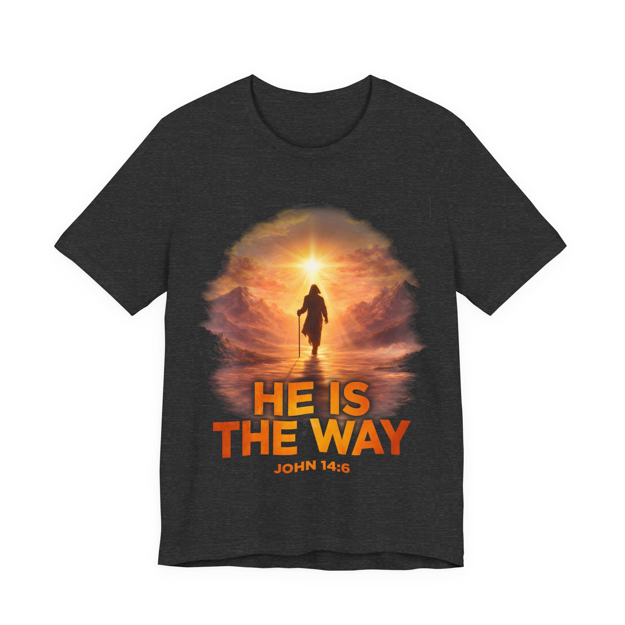Dark Grey Heather t-shirt with a religious design featuring a person walking towards a light, with 'He is the Way' text.