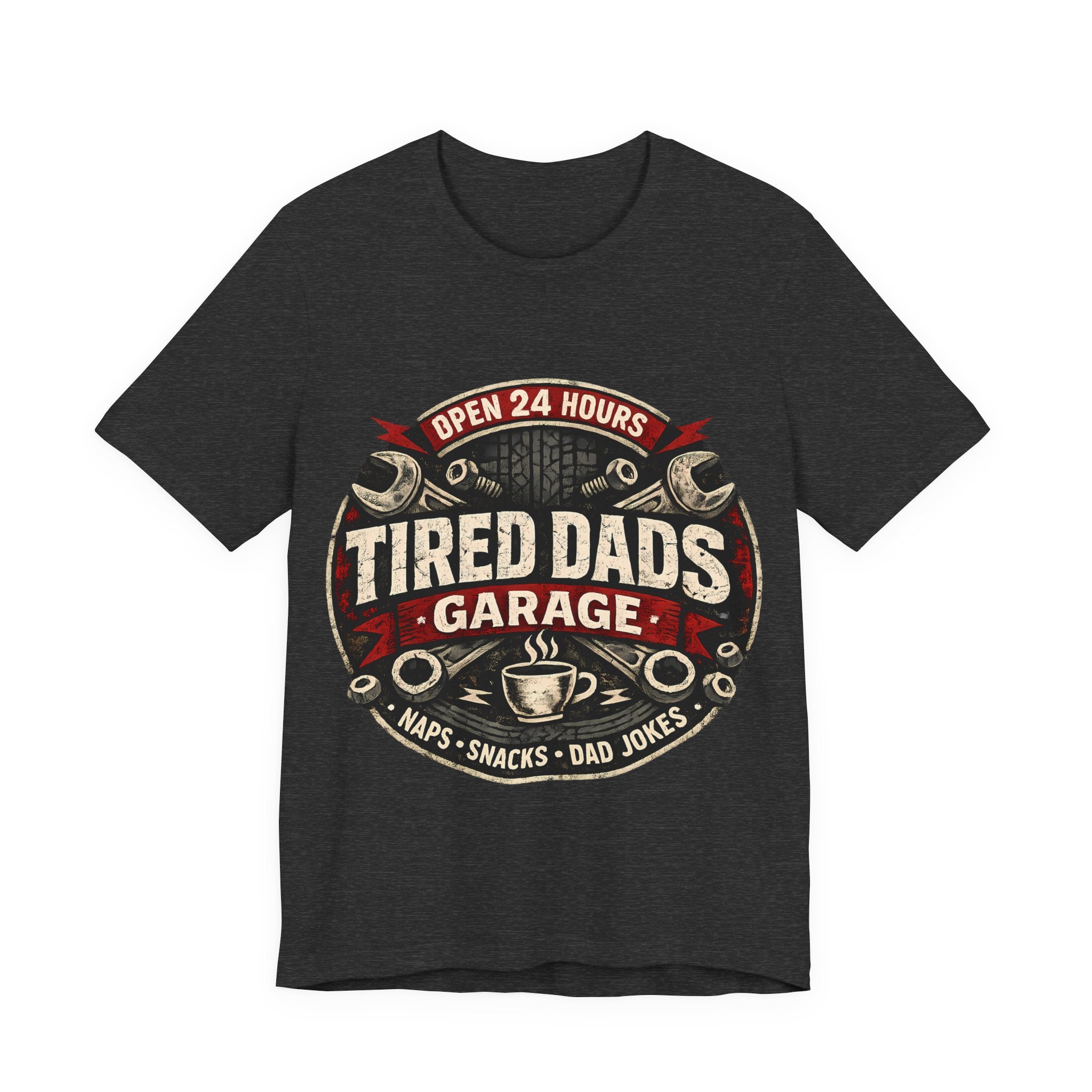 Dark Grey heather t-shirt with 'Tired Dads Garage' graphic design.