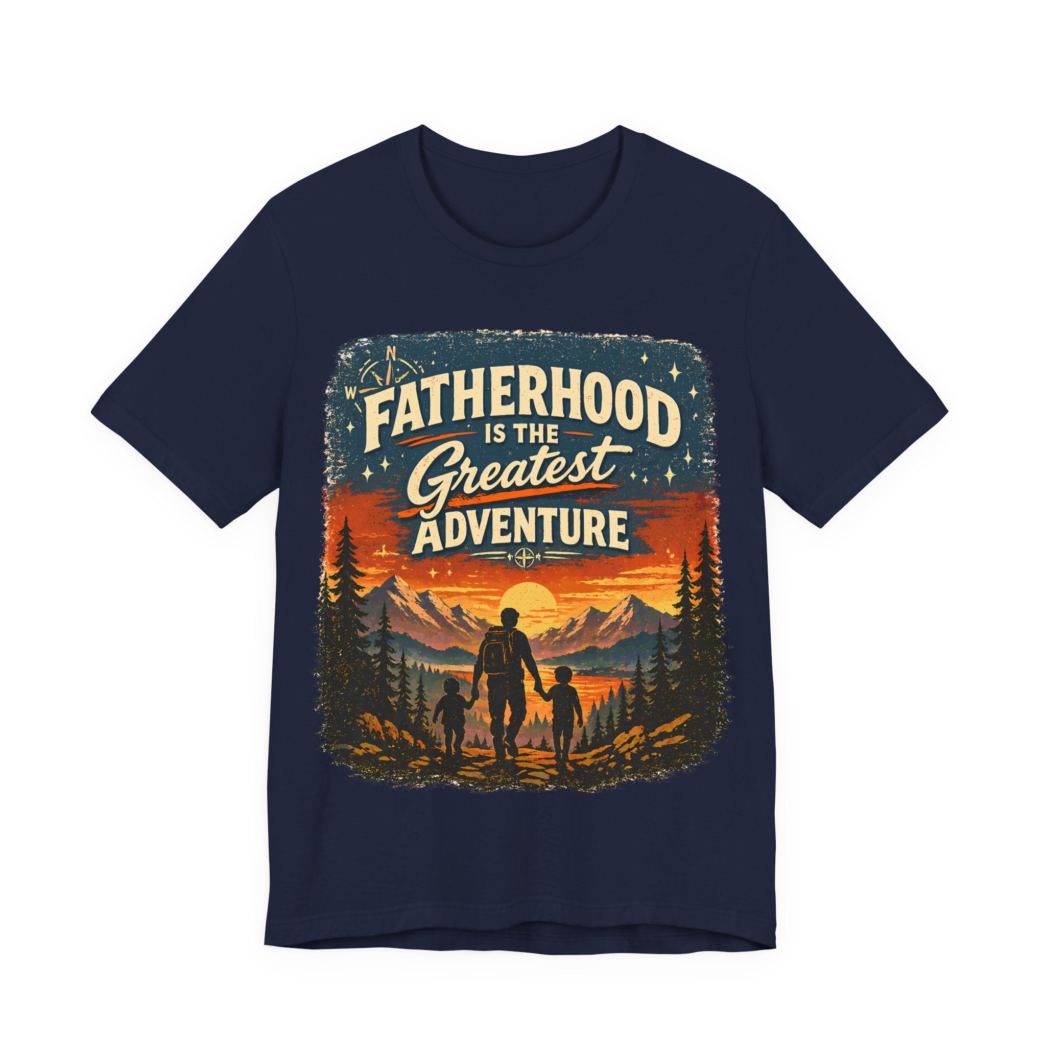 Navy blue t-shirt with 'Fatherhood is the Greatest Adventure' graphic design on a white background