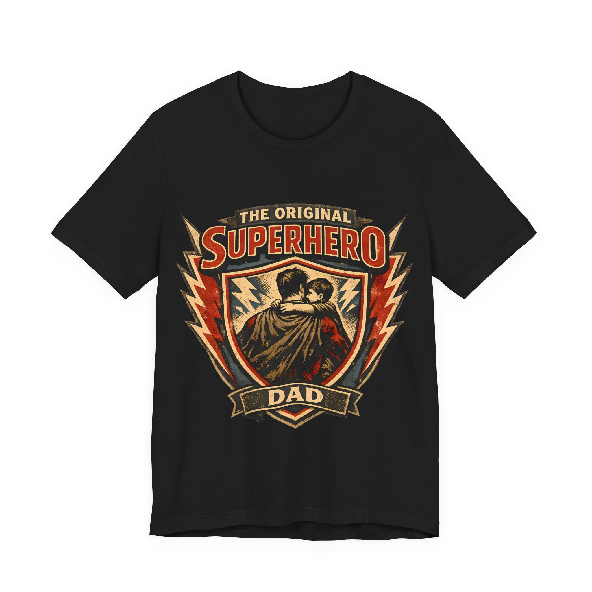 Black t-shirt with 'The Original Superhero Dad' graphic design.