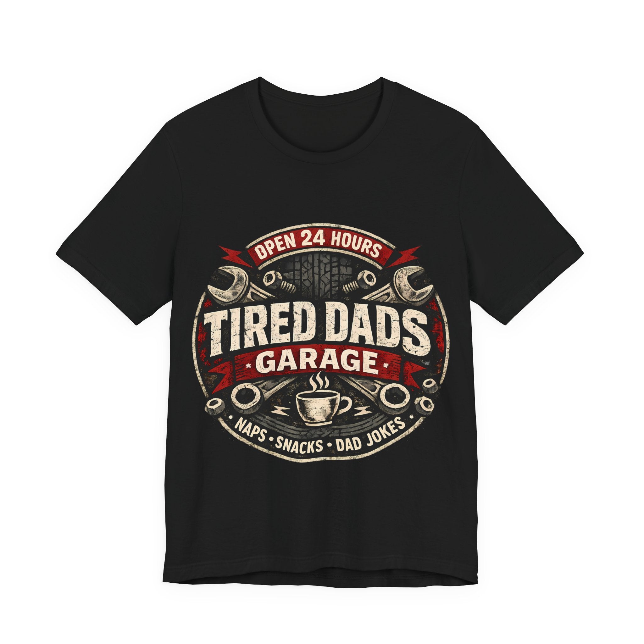 Black t-shirt with 'Tired Dads Garage' graphic design.