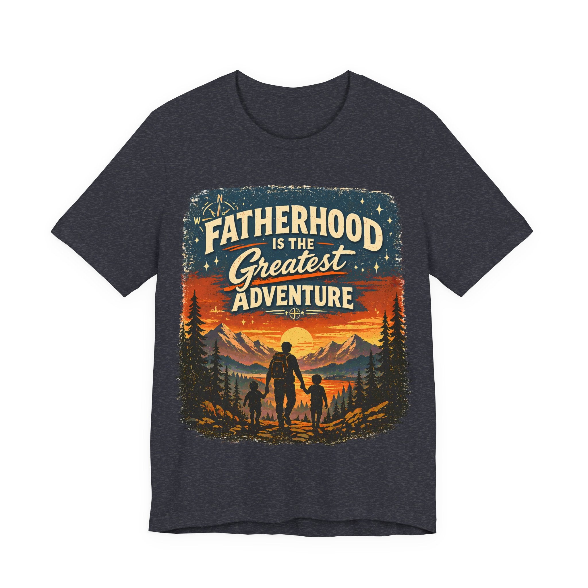 heather navy t-shirt with 'Fatherhood is the Greatest Adventure' graphic design on a white background
