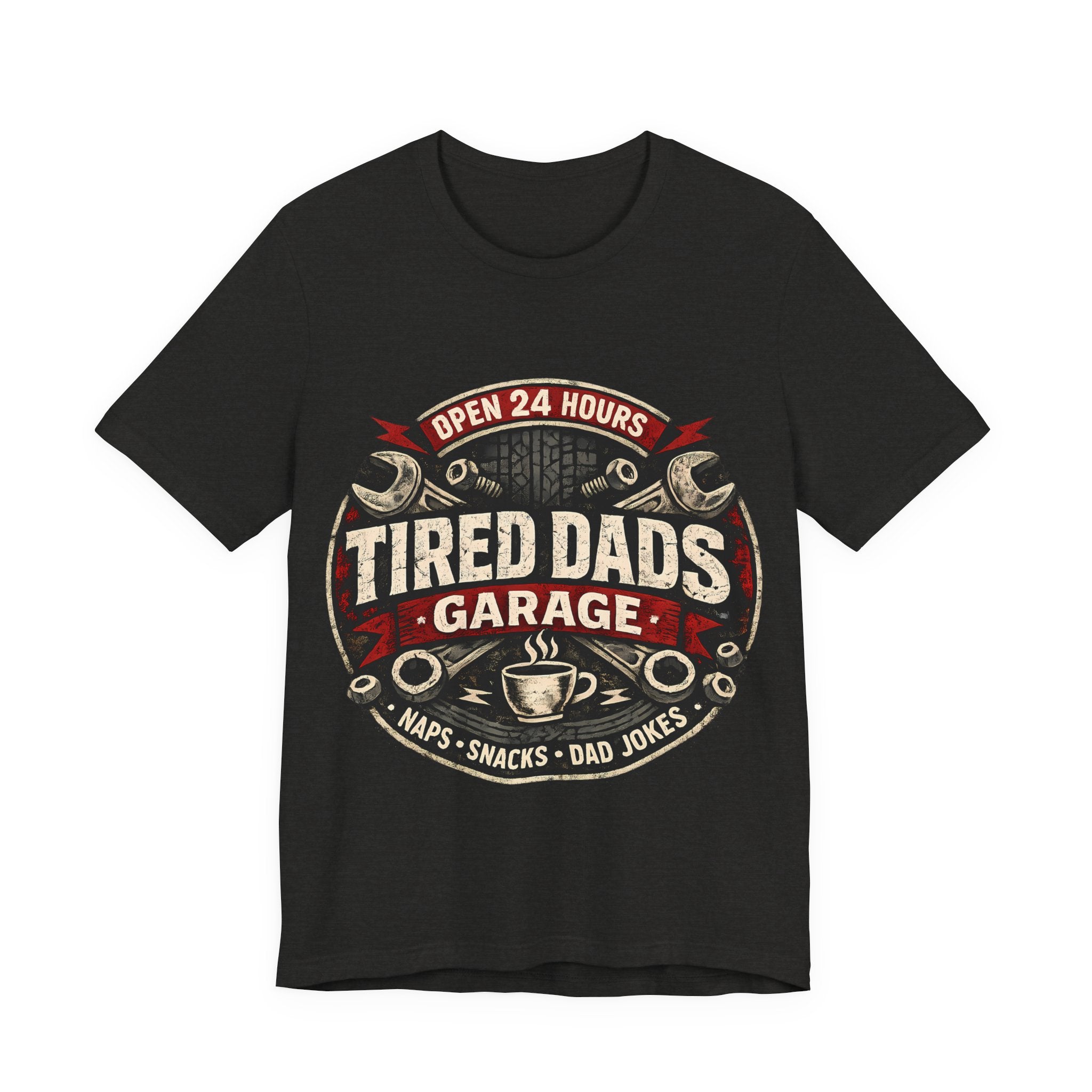 Black heather t-shirt with 'Tired Dads Garage' graphic design.
