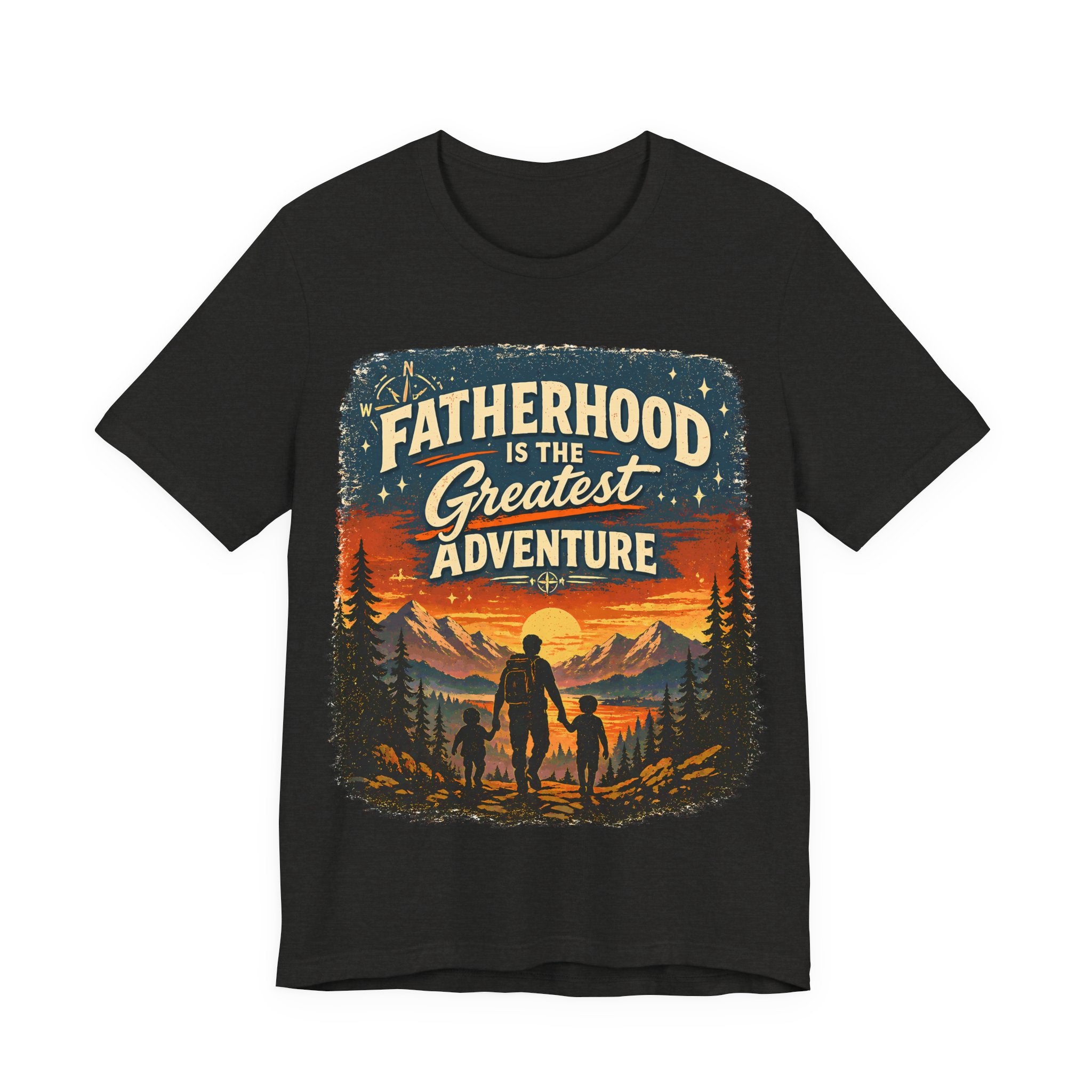 Black Heather t-shirt with 'Fatherhood is the Greatest Adventure' graphic design on a white background