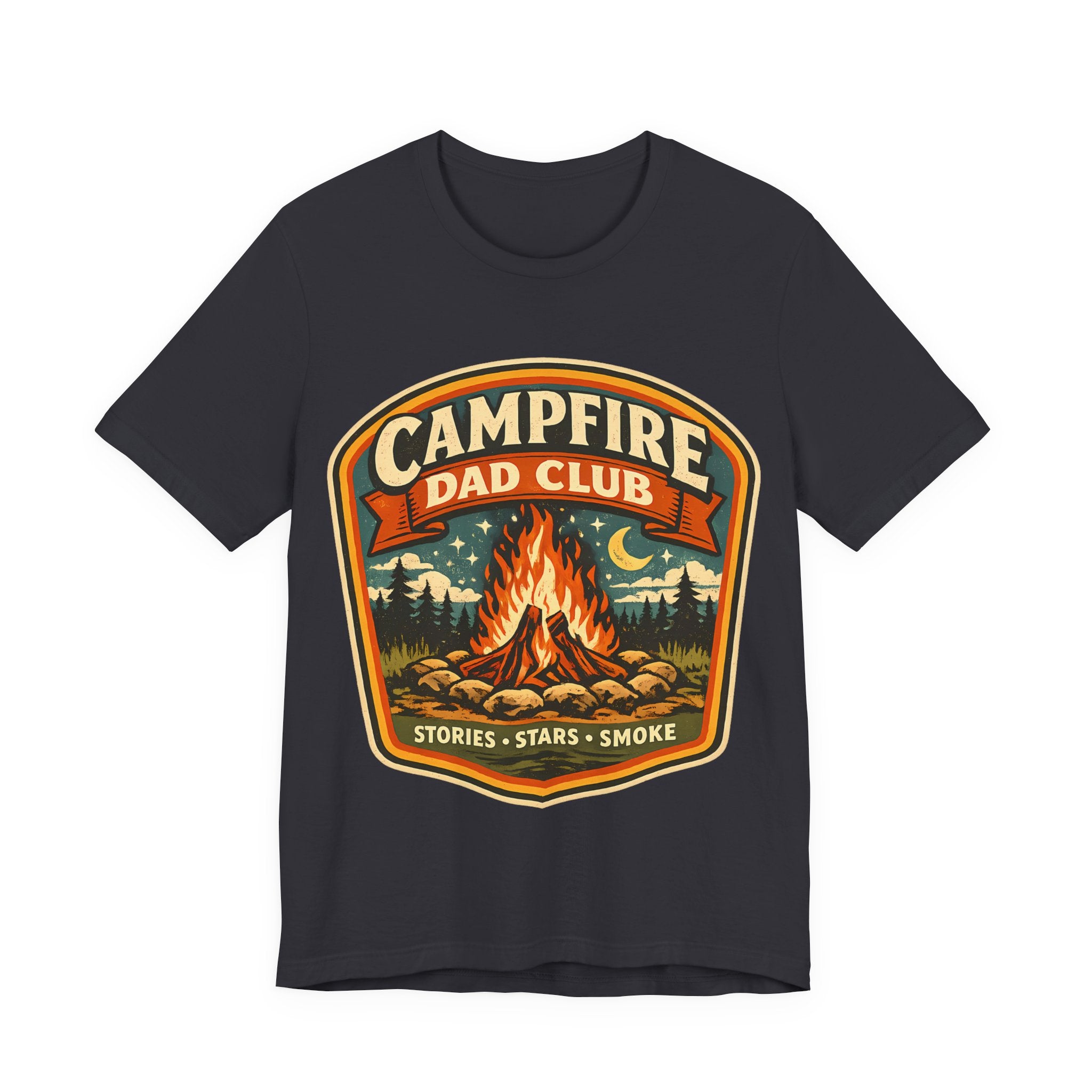 Dark Grey t-shirt with 'Campfire Dad Club' graphic design featuring a campfire and nature elements.