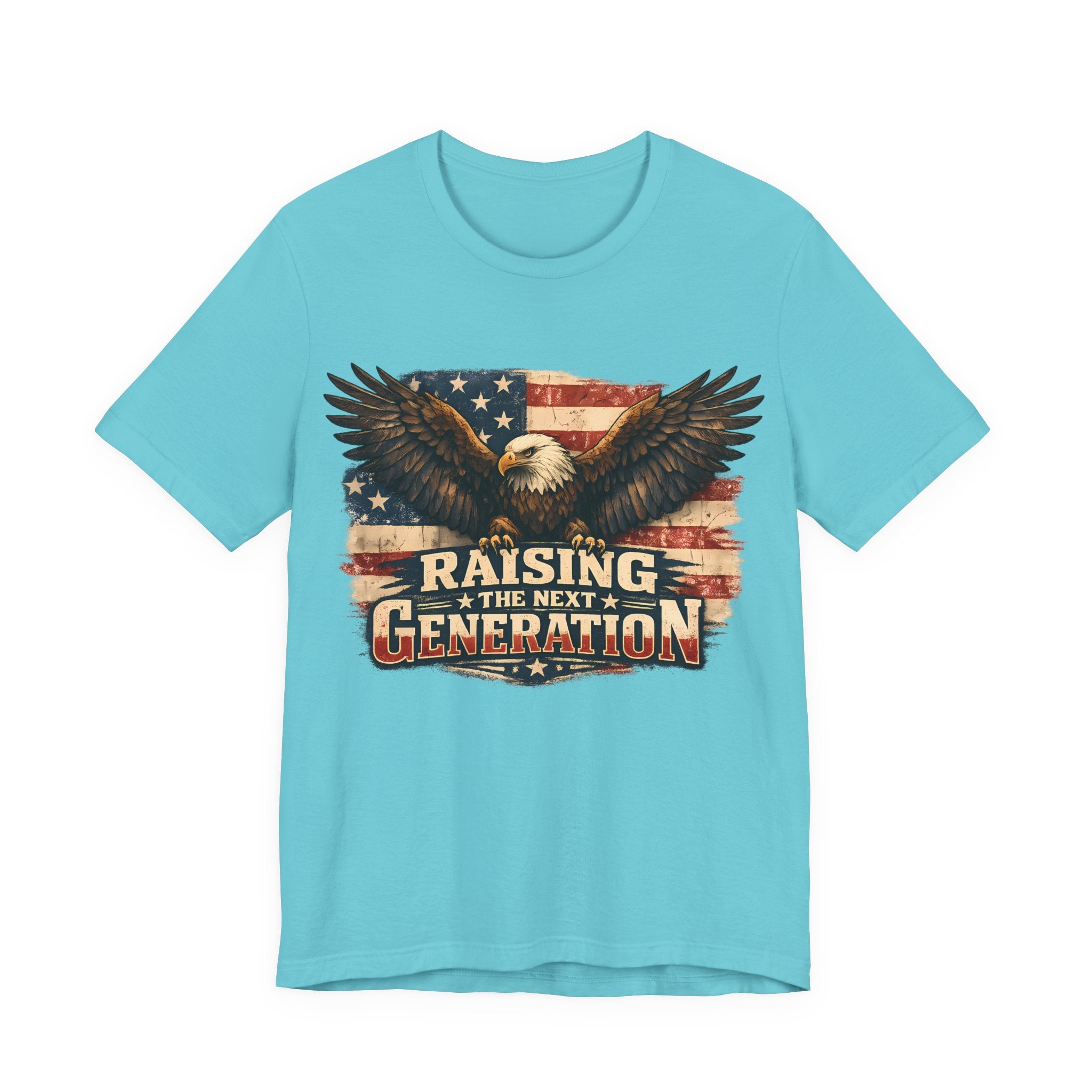 Turquoise t-shirt with an eagle and American flag graphic and text 'Raising the Next Generation' on a white background.