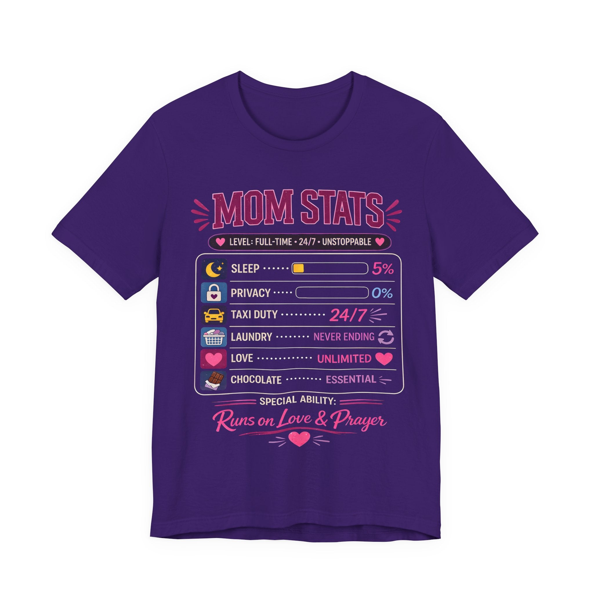 Purple t-shirt with a graphic design and text on a white background