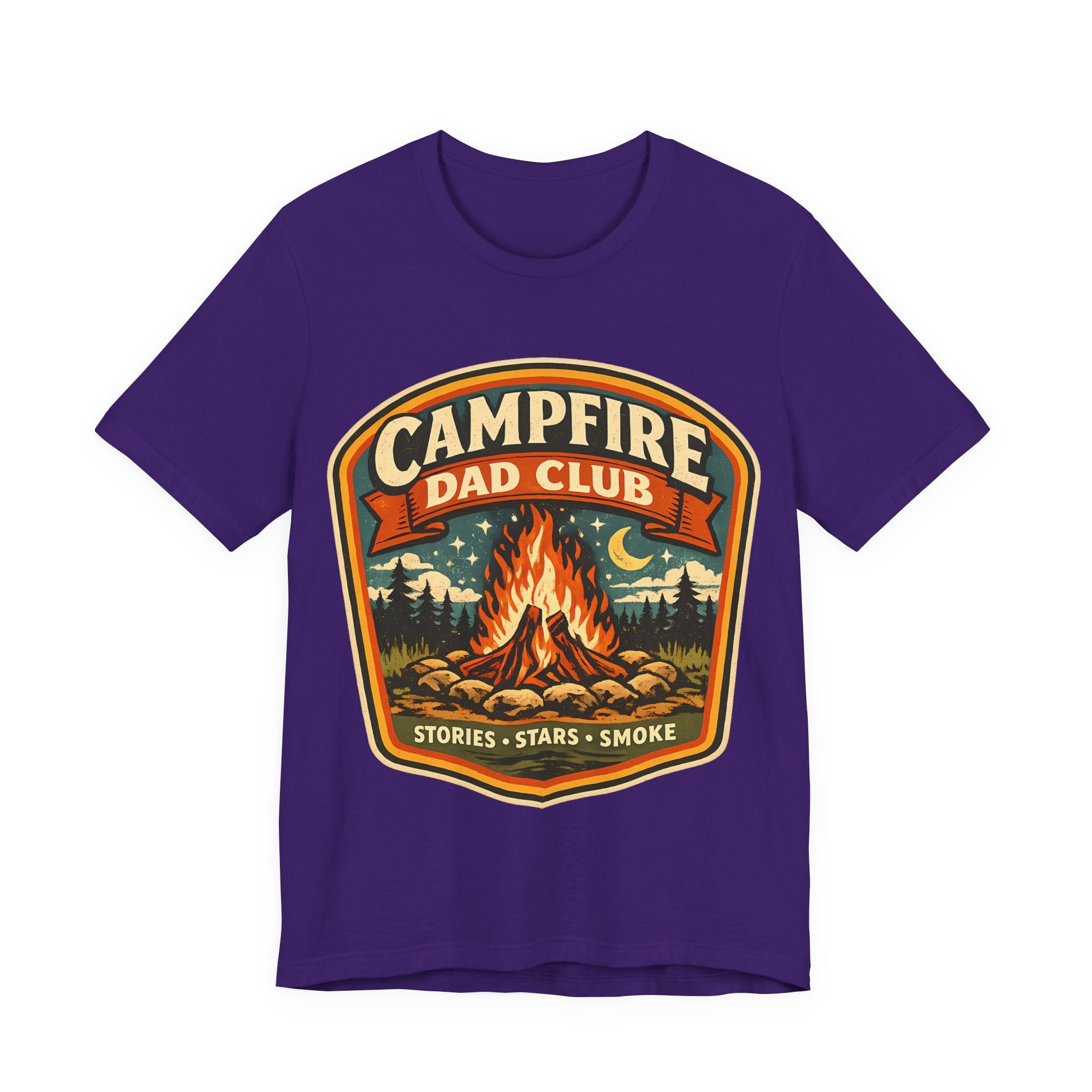Purple t-shirt with 'Campfire Dad Club' graphic design featuring a campfire and nature elements.