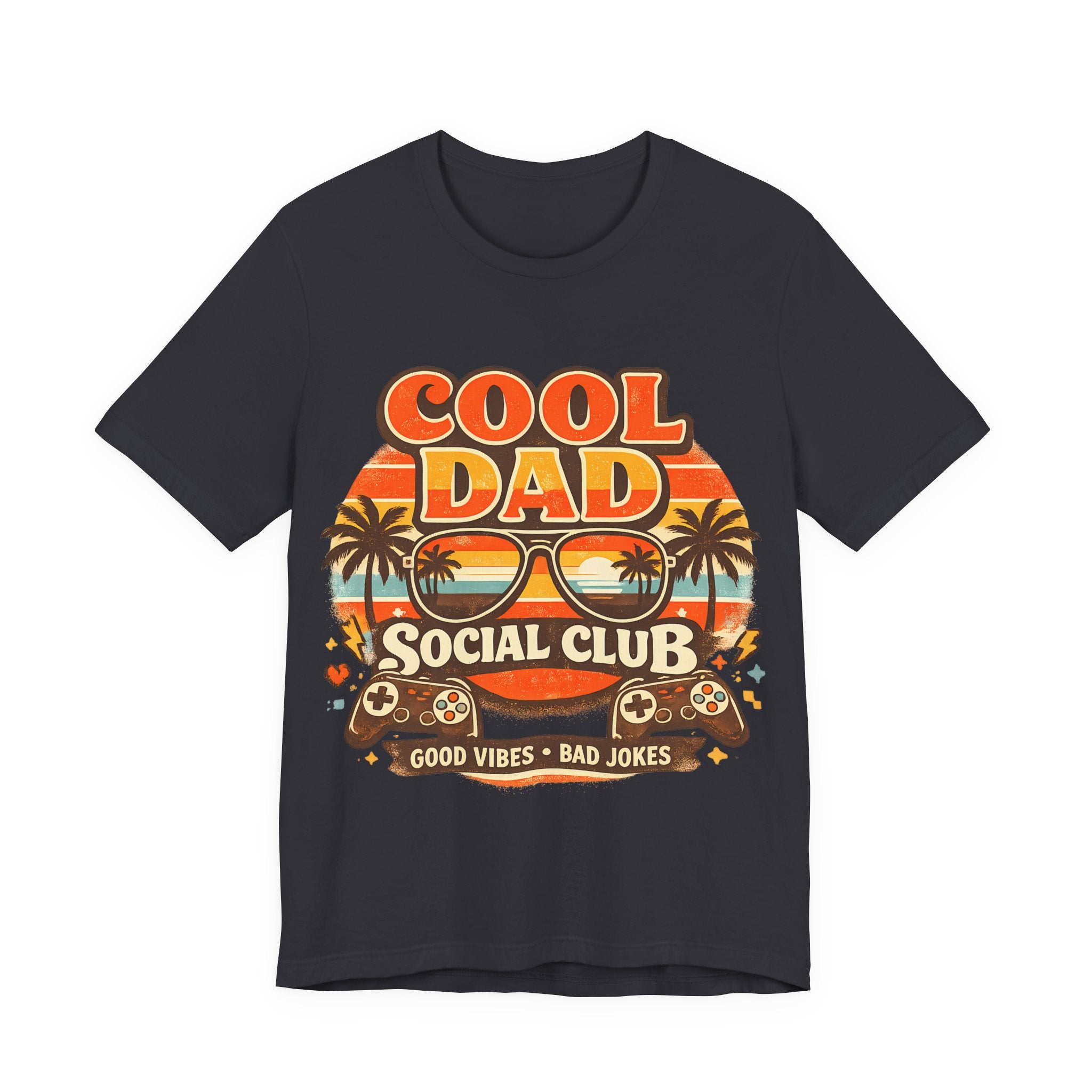 Dark grey t-shirt with 'Cool Dad Social Club' graphic design on a white background