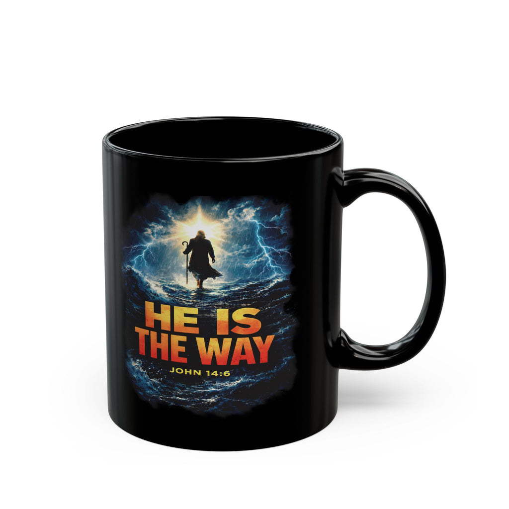 Black mug with a religious design featuring a silhouette of a person walking on water and text 'He is the Way, John 14:6'.