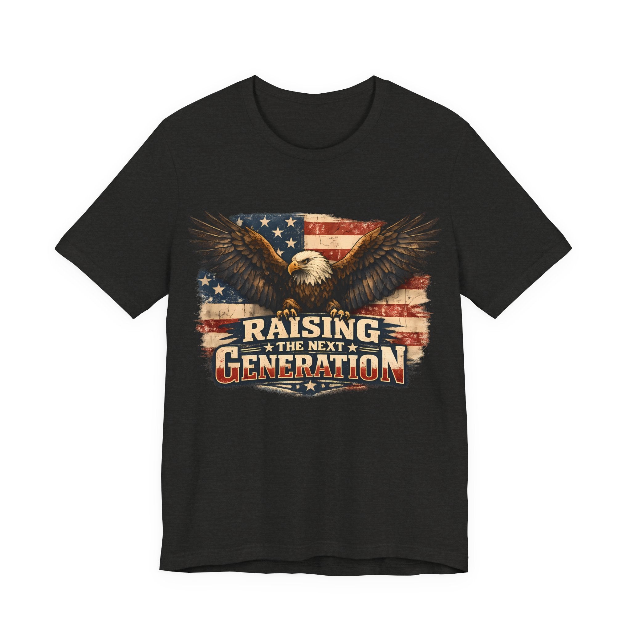 Black heather t-shirt with an eagle and American flag design on a white background