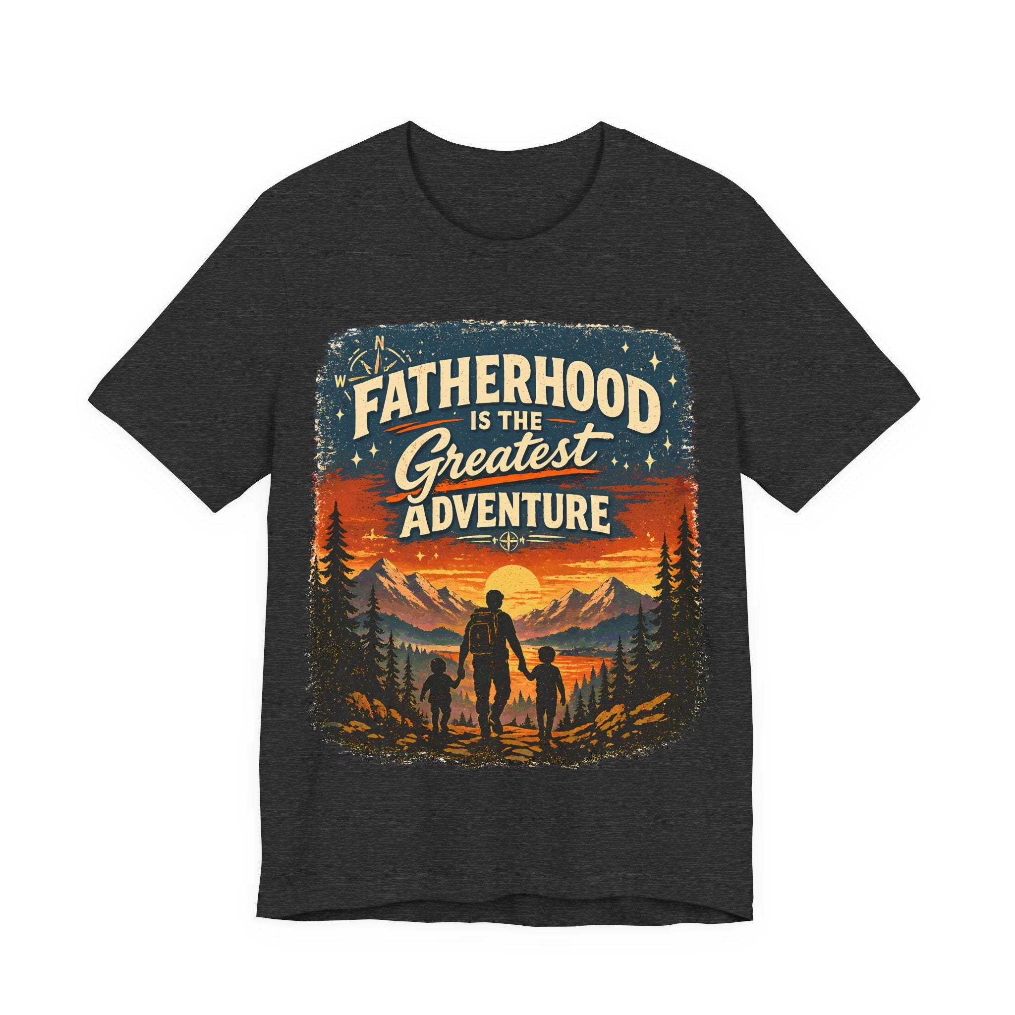 Dark Grey Heather t-shirt with 'Fatherhood is the Greatest Adventure' graphic design on a white background