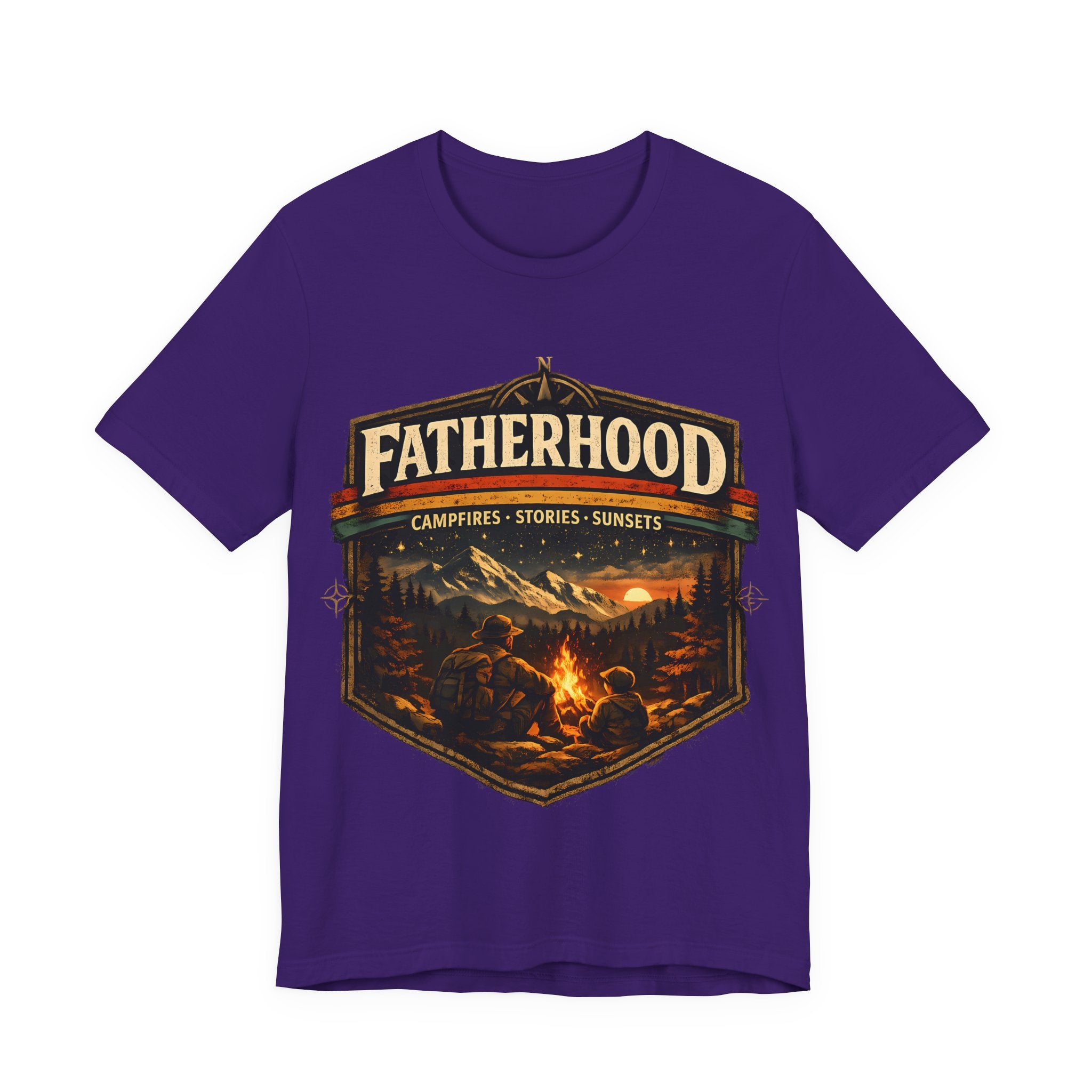 Purple t-shirt with 'Fatherhood' graphic design featuring a campfire scene