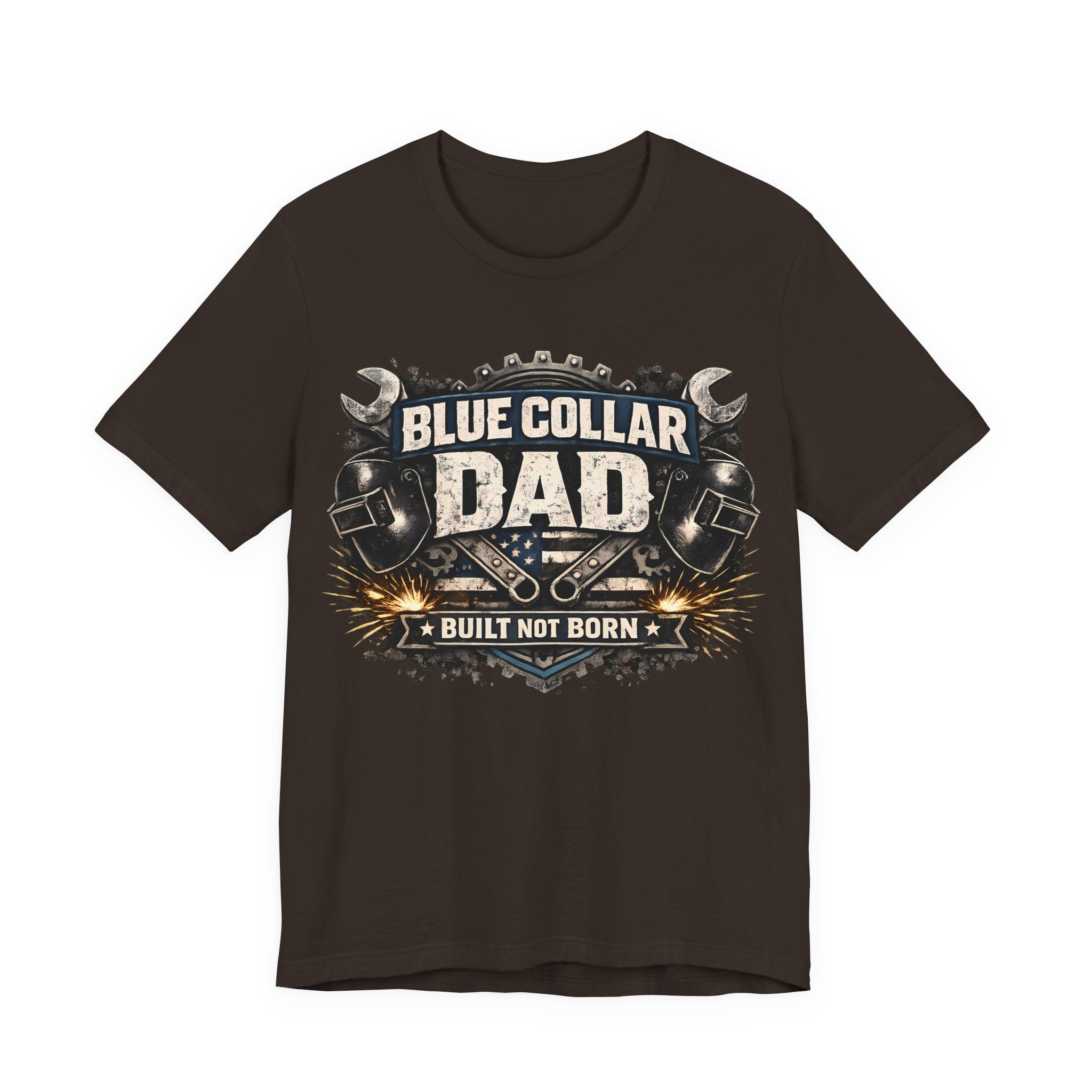Brownt-shirt with 'Blue Collar Dad' graphic design