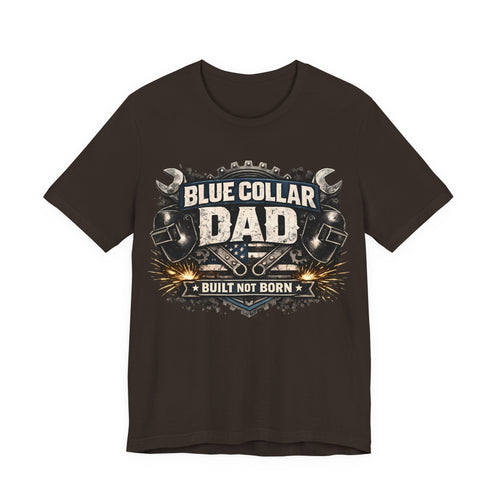 Brownt-shirt with 'Blue Collar Dad' graphic design
