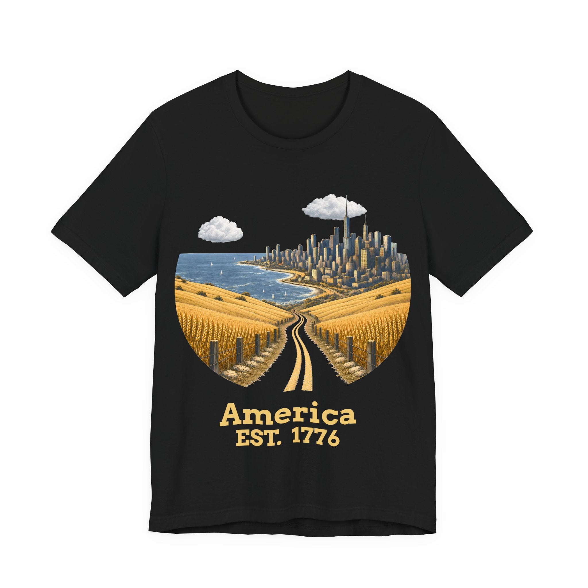 A black short-sleeve crewneck t-shirt featuring a graphic print of a road leading to a city skyline, with the text 'America EST. 1776' printed below in yellow.