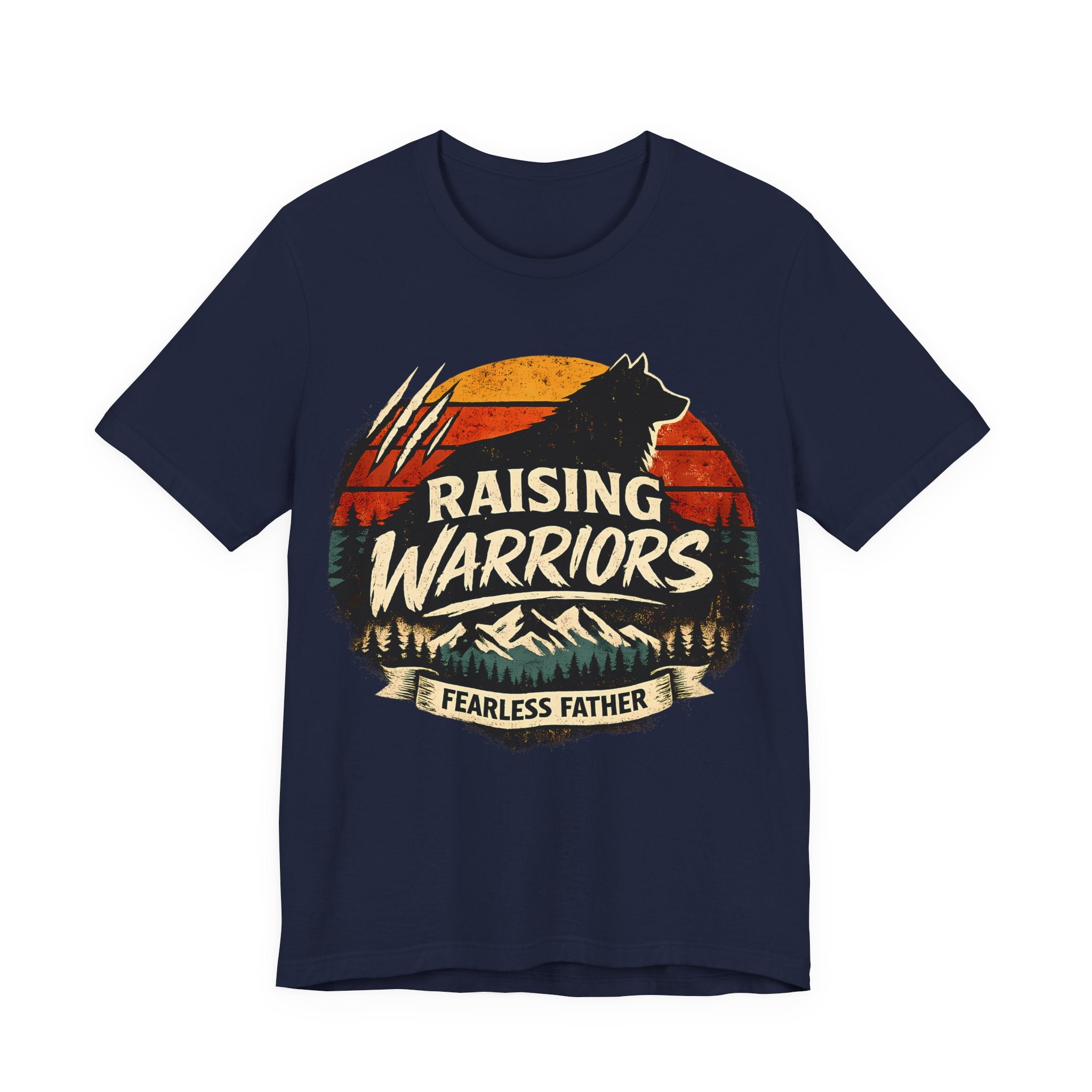 Navy t-shirt with 'Raising Warriors Fearless Father' graphic design.