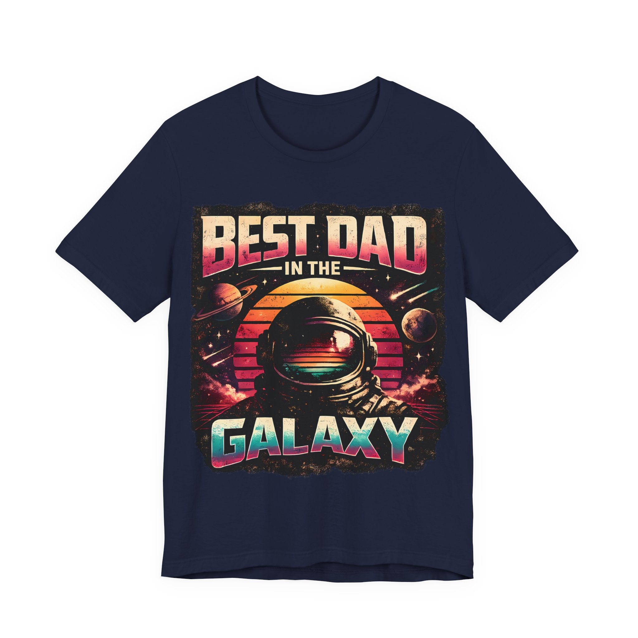 Navy blue t-shirt with 'Best Dad in the Galaxy' graphic design on a white background
