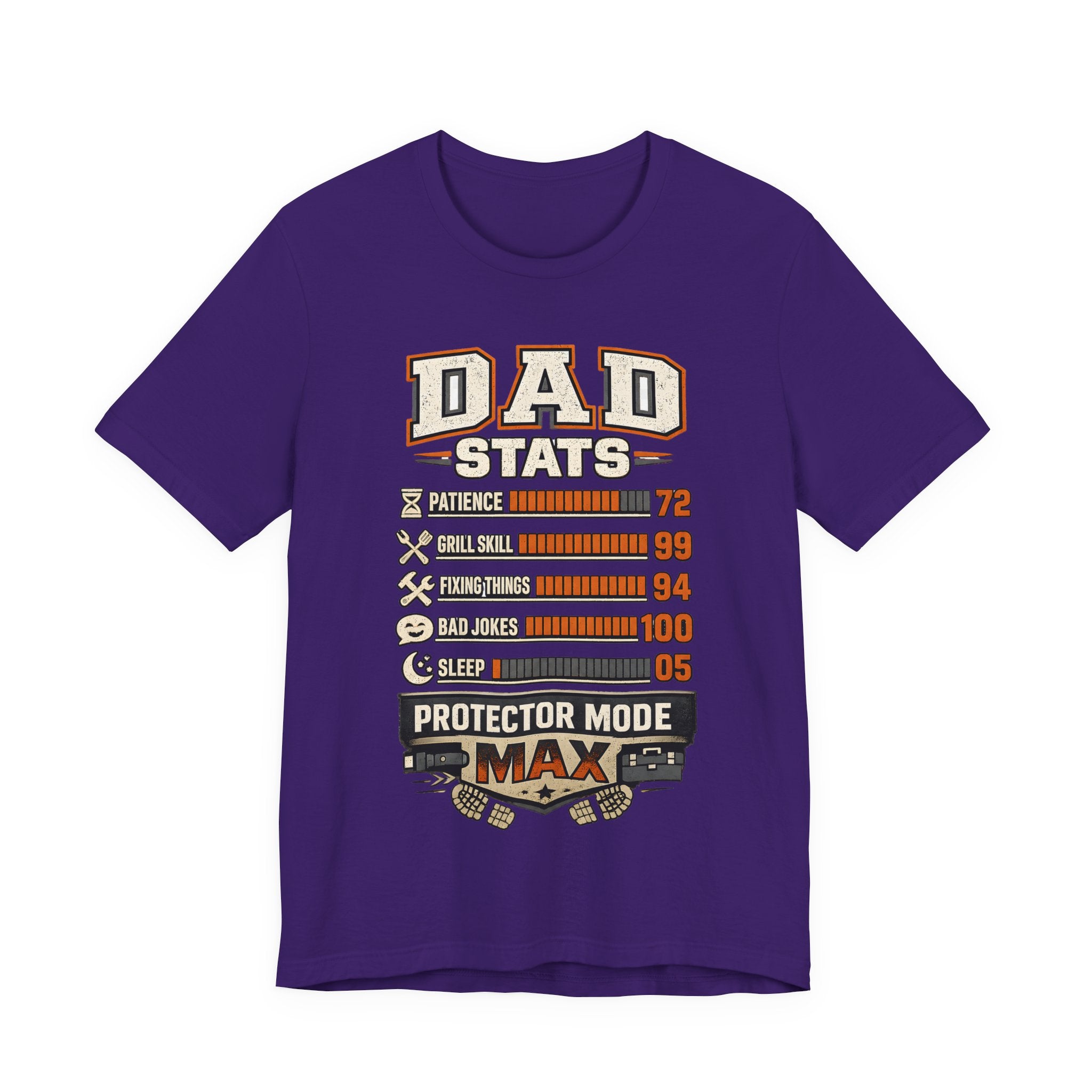 Purple t-shirt with 'Dad Stats' graphic design.