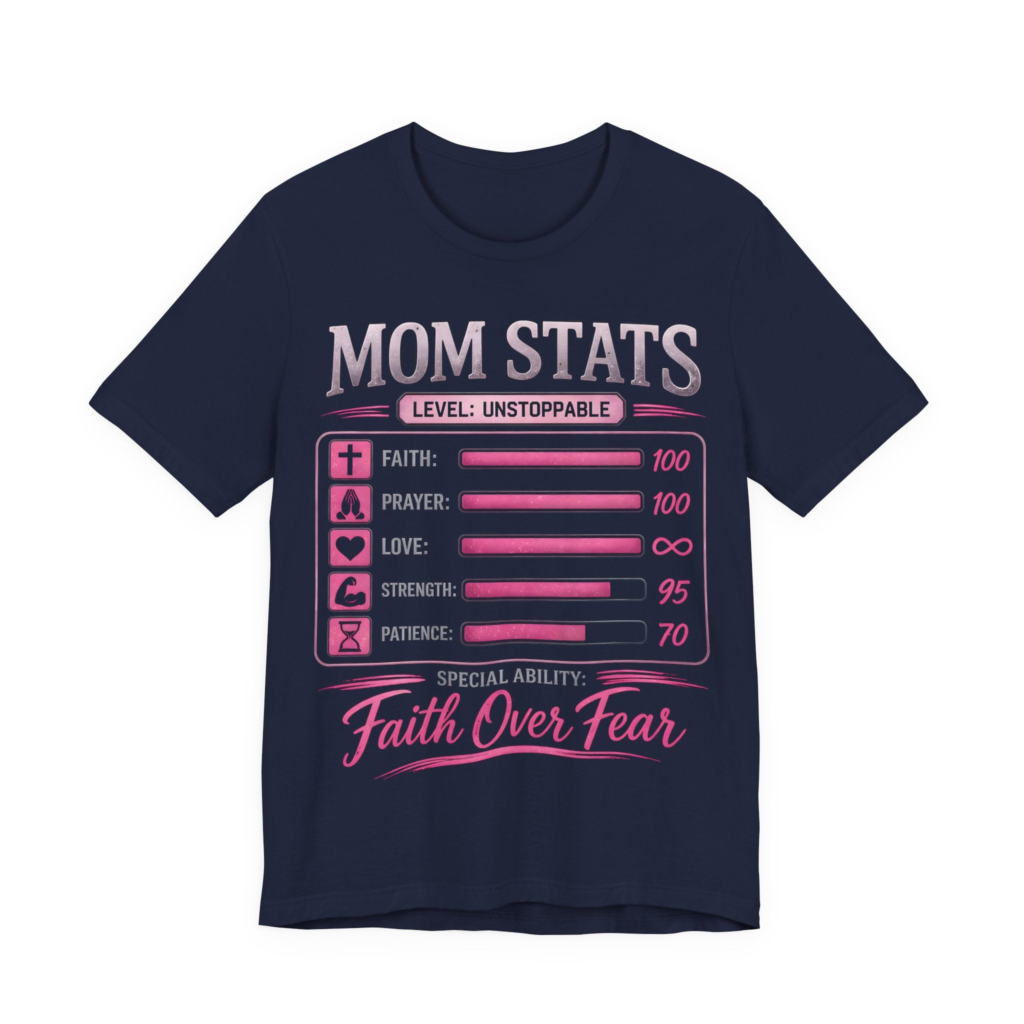 Navy t-shirt with 'Mom Stats' graphic design on a white background