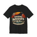 Black t-shirt with 'Raising Warriors Fearless Father' graphic design.
