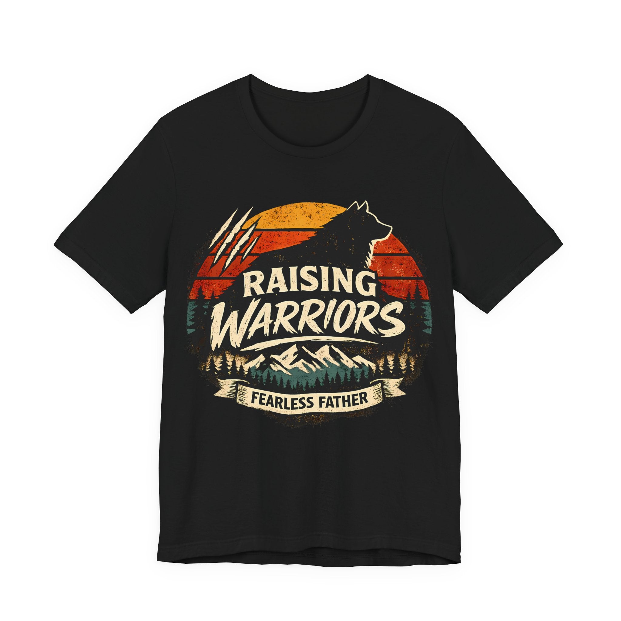 Black t-shirt with 'Raising Warriors Fearless Father' graphic design.