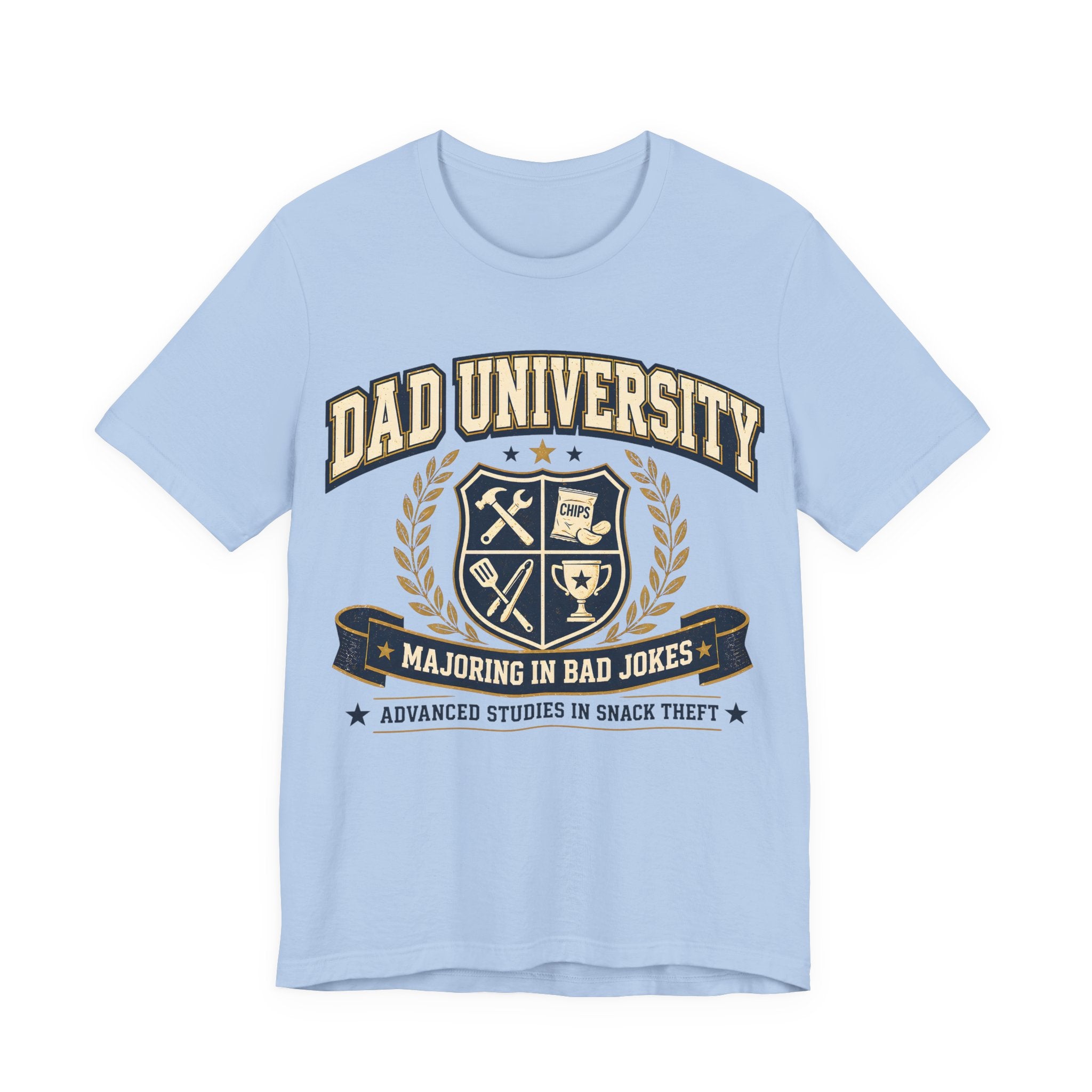 Baby blue t-shirt with 'Dad University' graphic design.