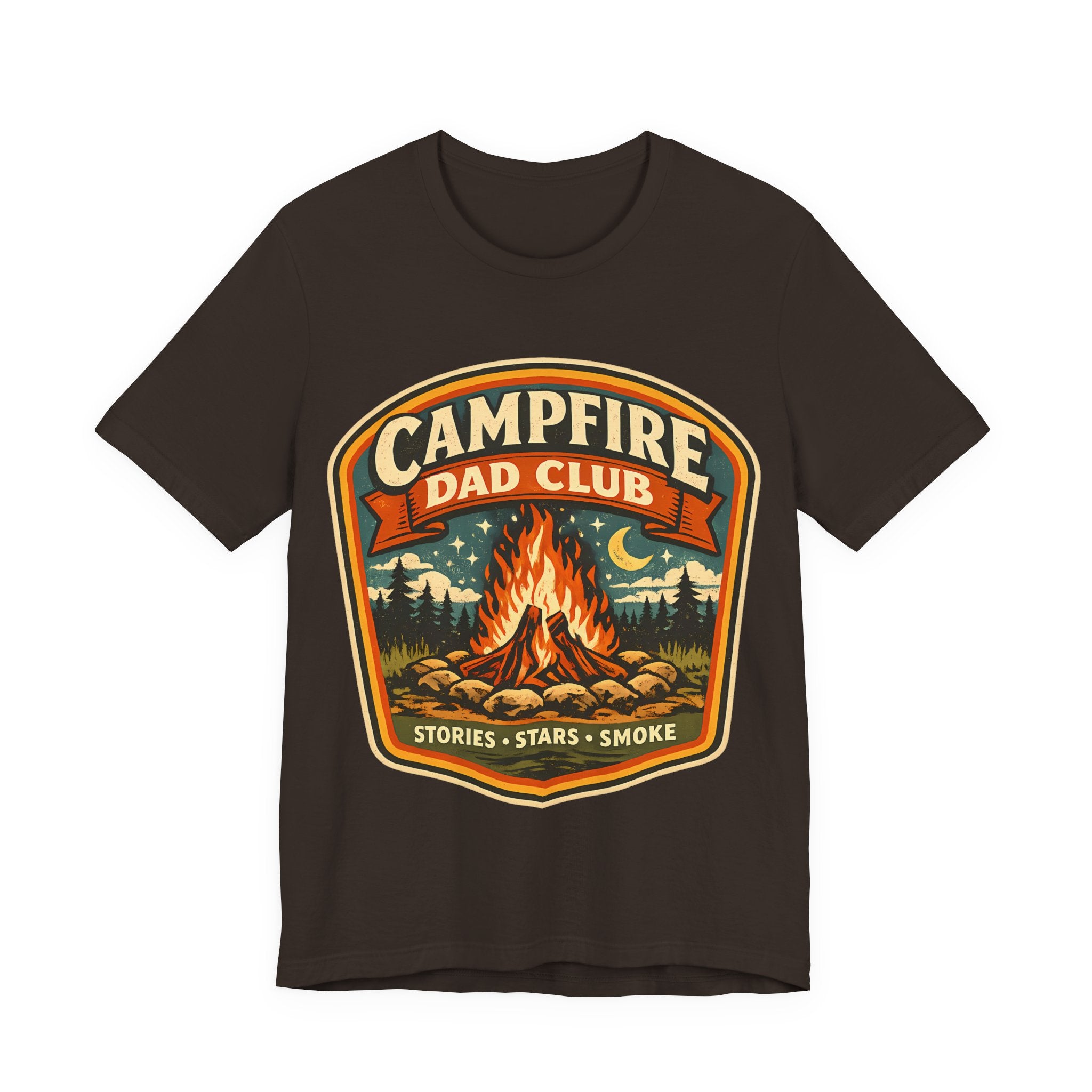 Brown t-shirt with 'Campfire Dad Club' graphic design featuring a campfire and nature elements.