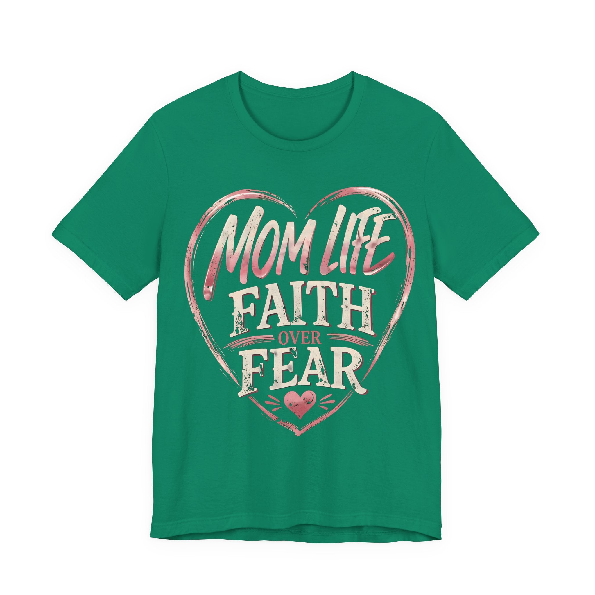 Kelly t-shirt with pink heart design and text 'Mom Life Faith Over Fear' on a white background