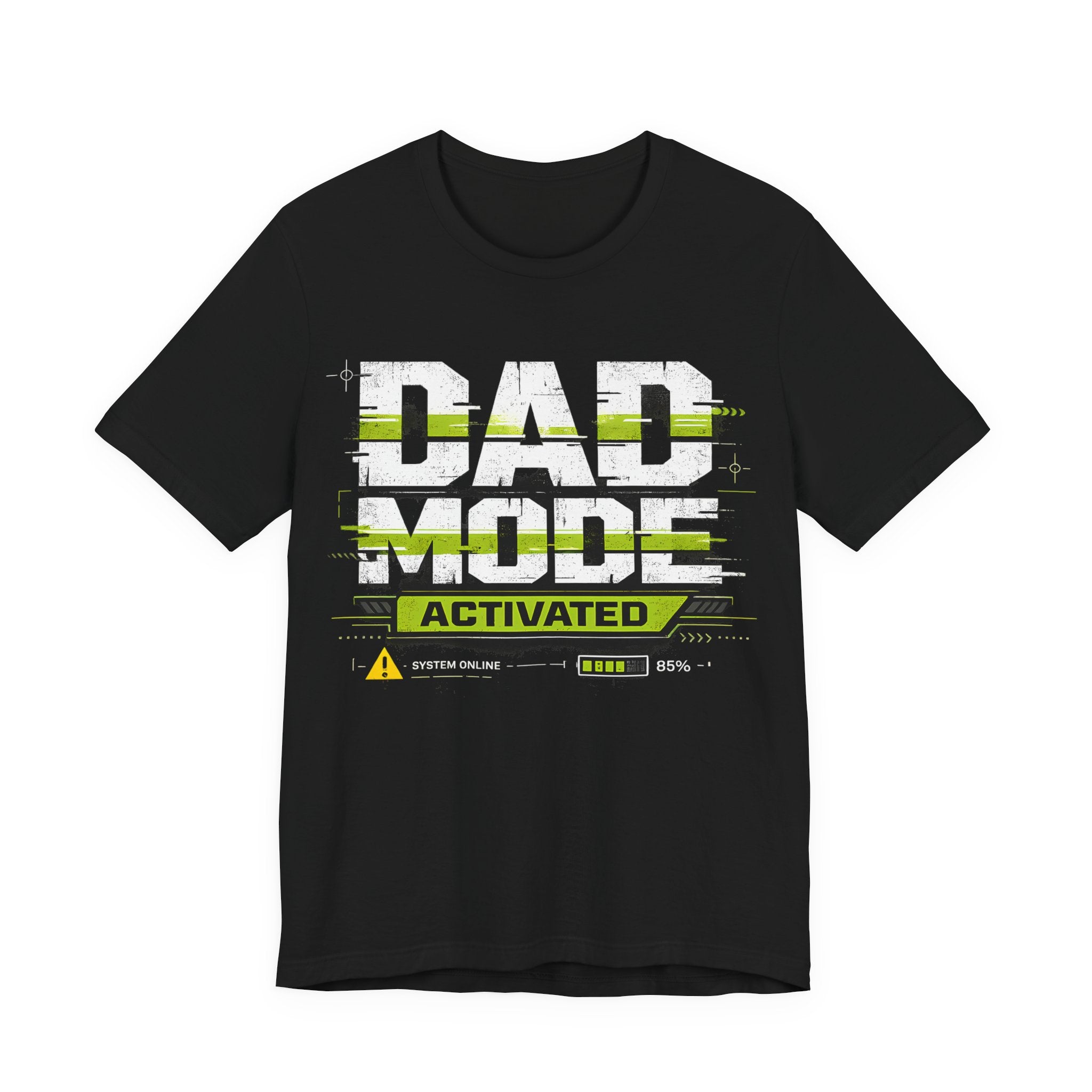Black t-shirt with 'Dad Mode Activated' text design on a white background