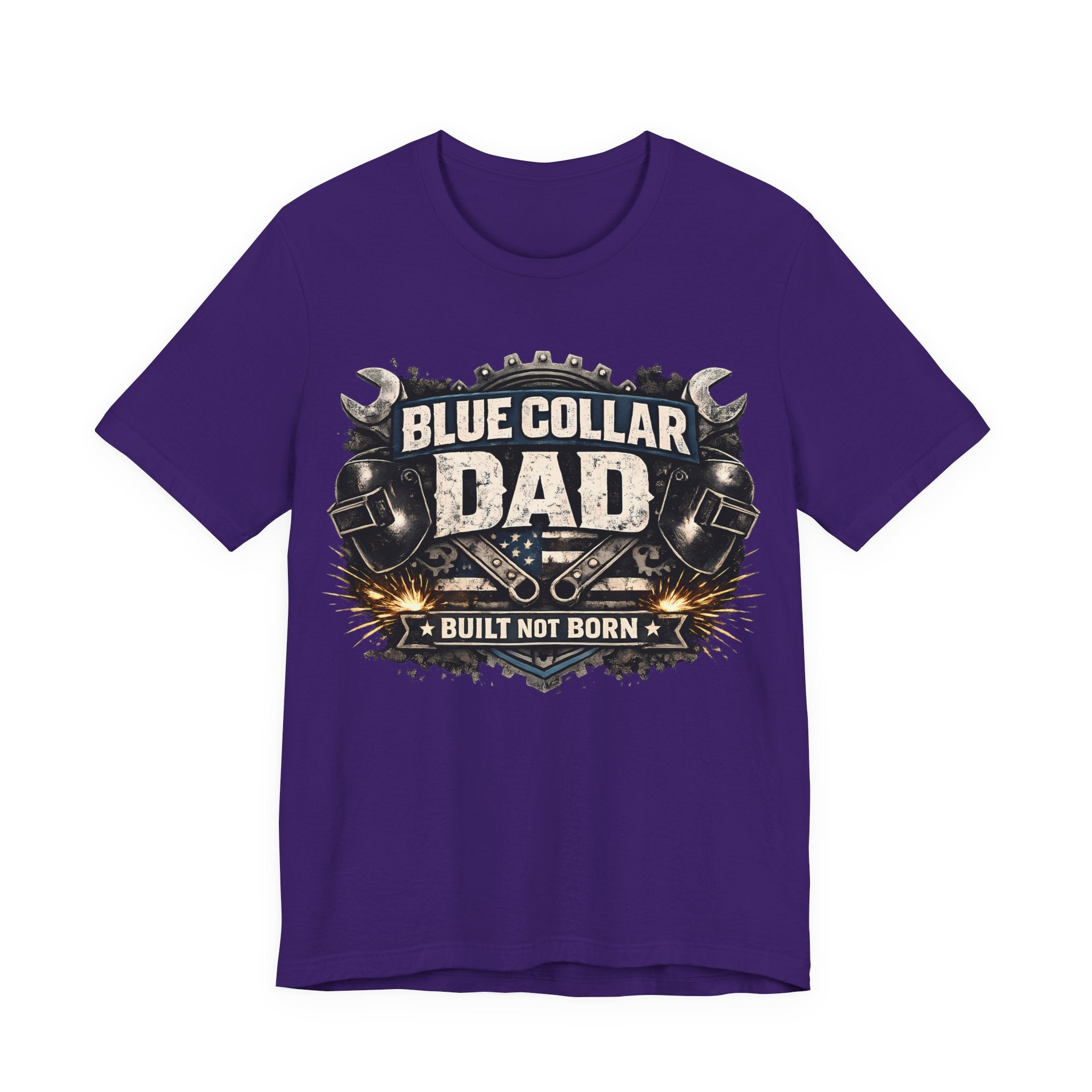 Purple t-shirt with 'Blue Collar Dad' graphic design