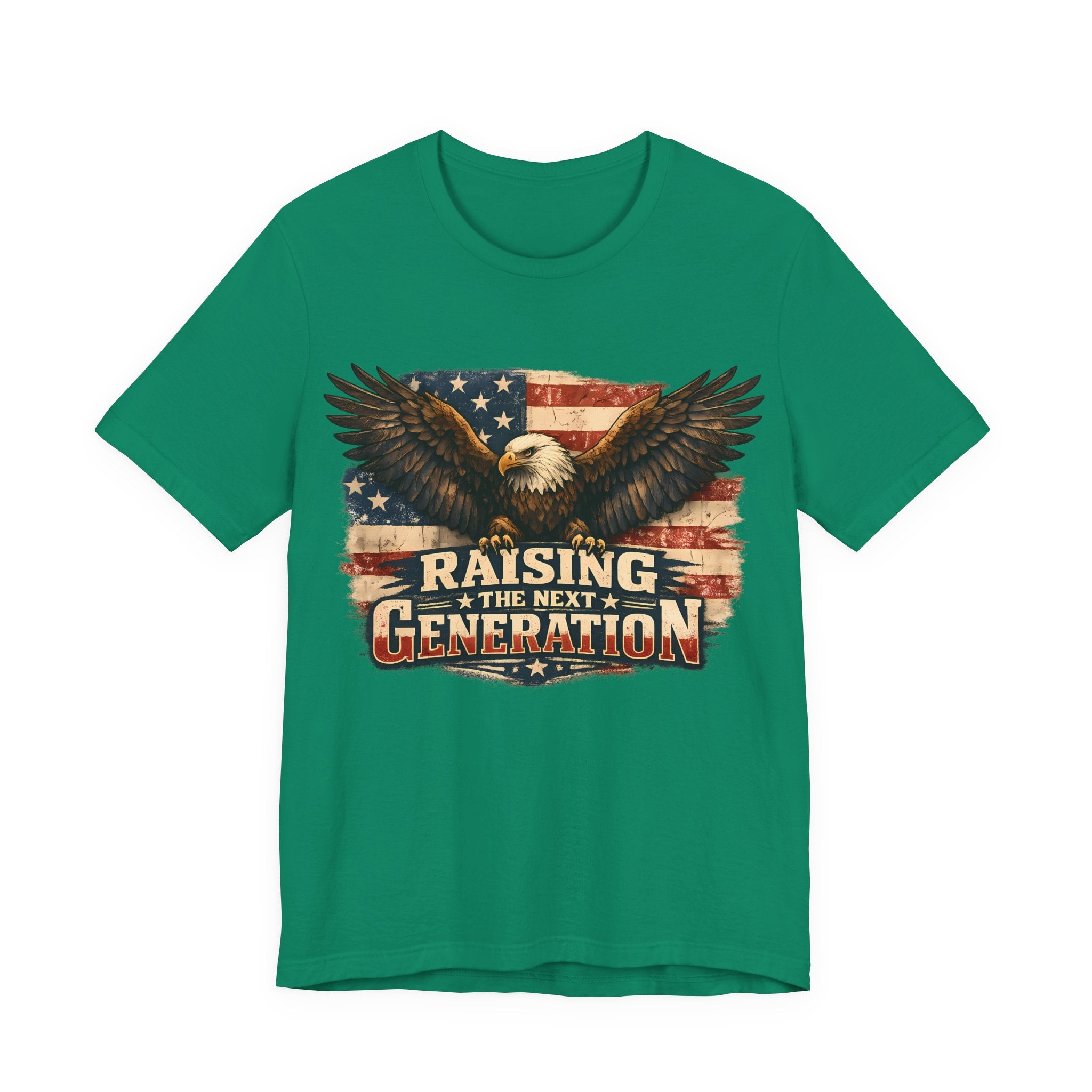 Kelly Green t-shirt with an eagle and American flag graphic and text 'Raising the Next Generation' on a white background.