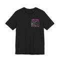 Black t-shirt with colorful graphic design on a white background
